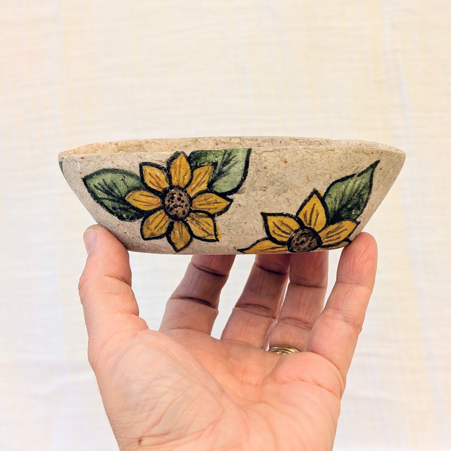 Handmade Sunflower Trinket Dish | Paper Clay Jewellery Bowl | Botanical Home Decor