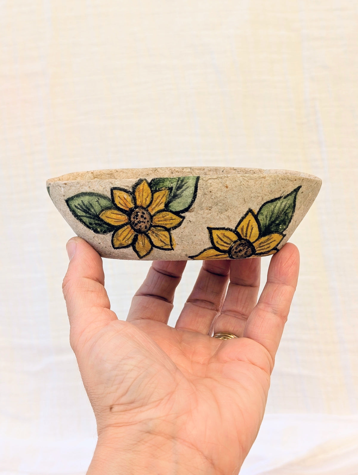 Handmade Sunflower Trinket Dish | Paper Clay Jewellery Bowl | Botanical Home Decor