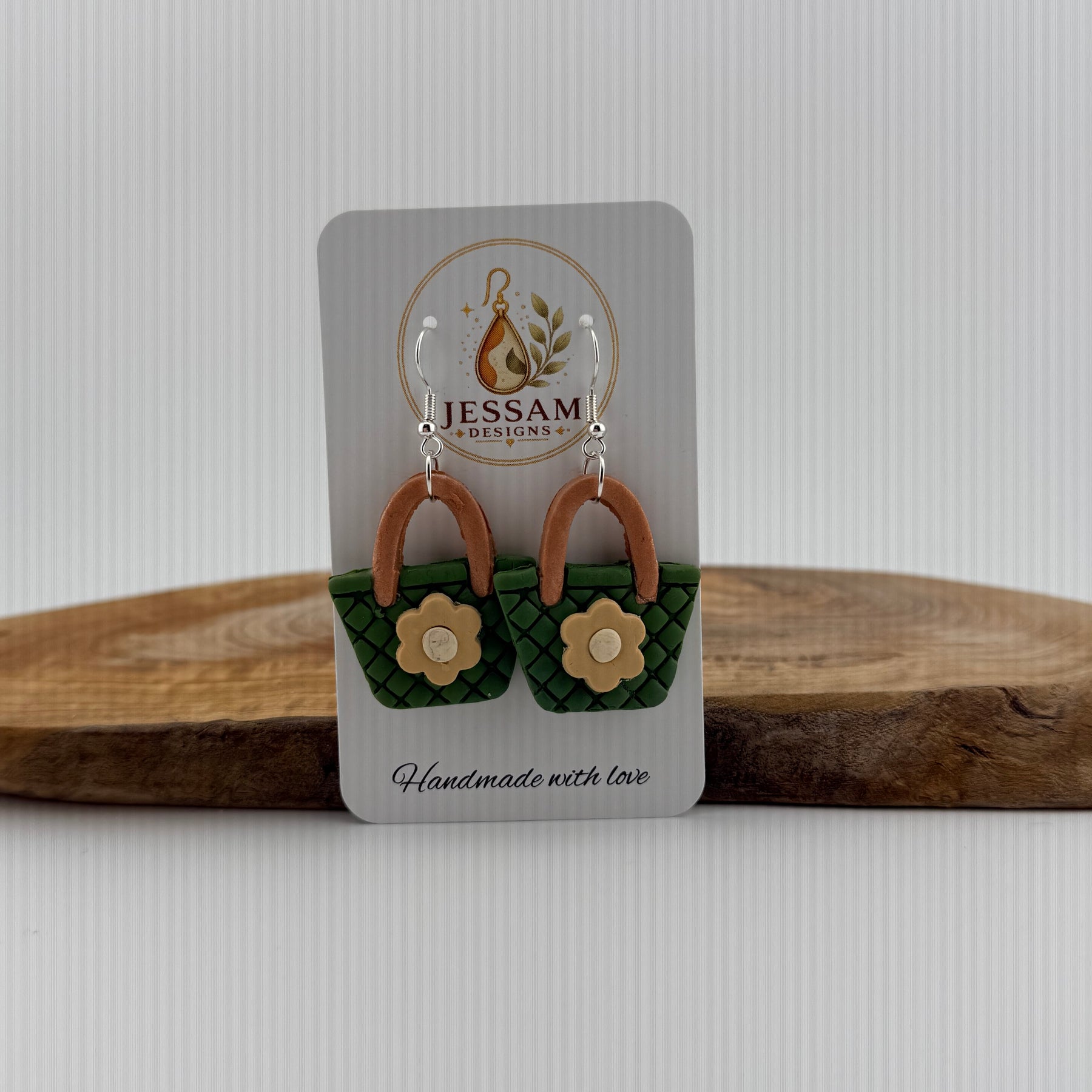 Handmade Green Handbag Polymer Clay Dangle Earrings – Floral Design