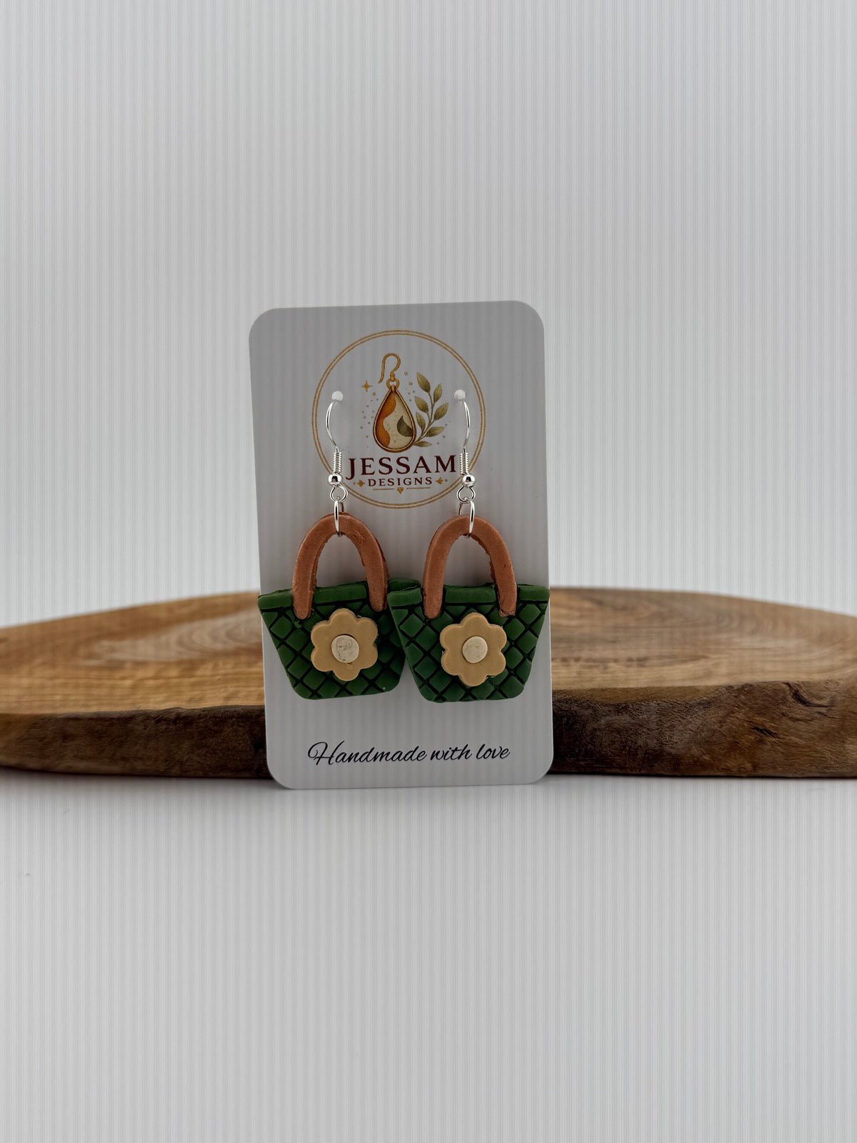 Handmade Green Handbag Polymer Clay Dangle Earrings – Floral Design