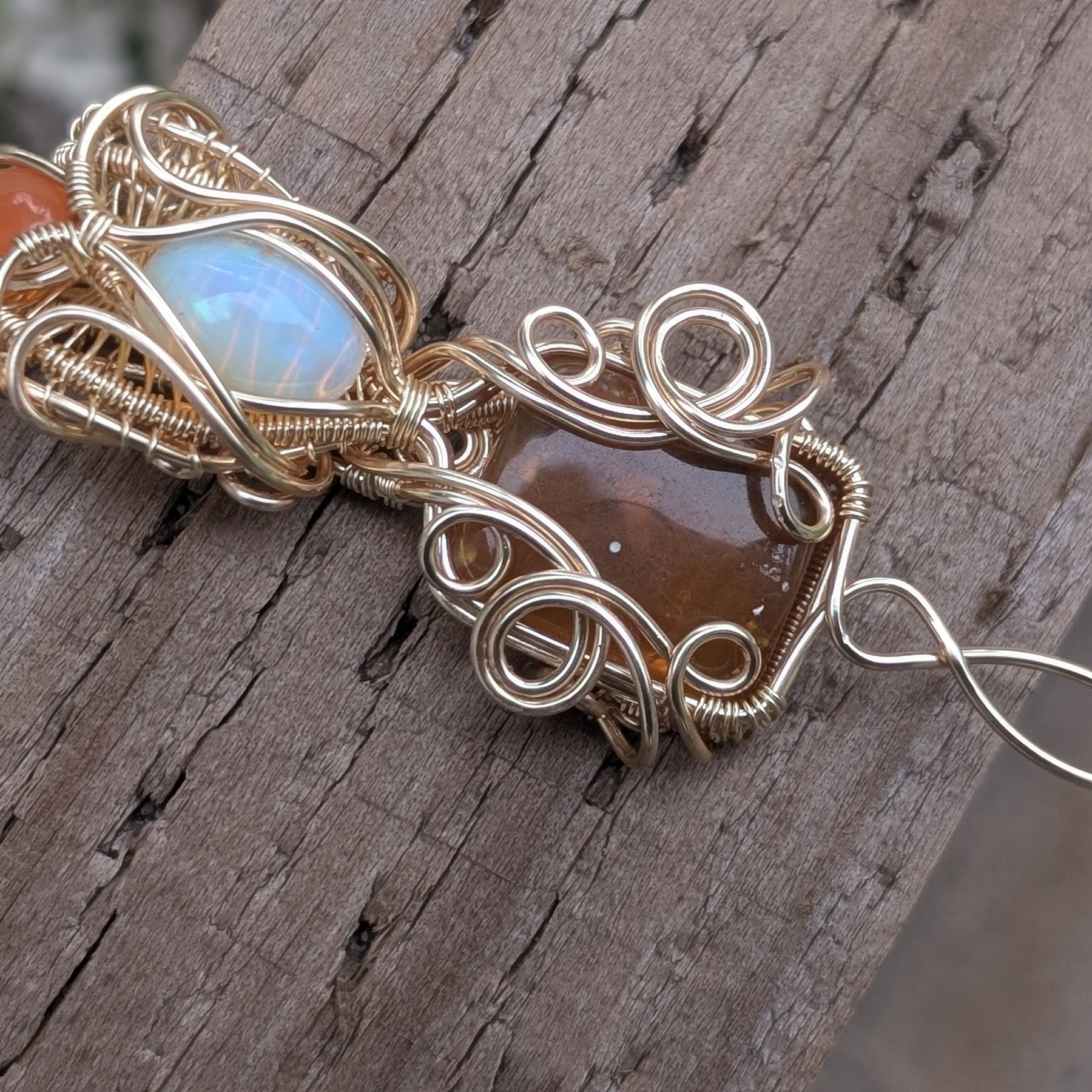 Puck - Ethiopian Opal, Golden Amber, & Carnelian in Gold Coloured Copper