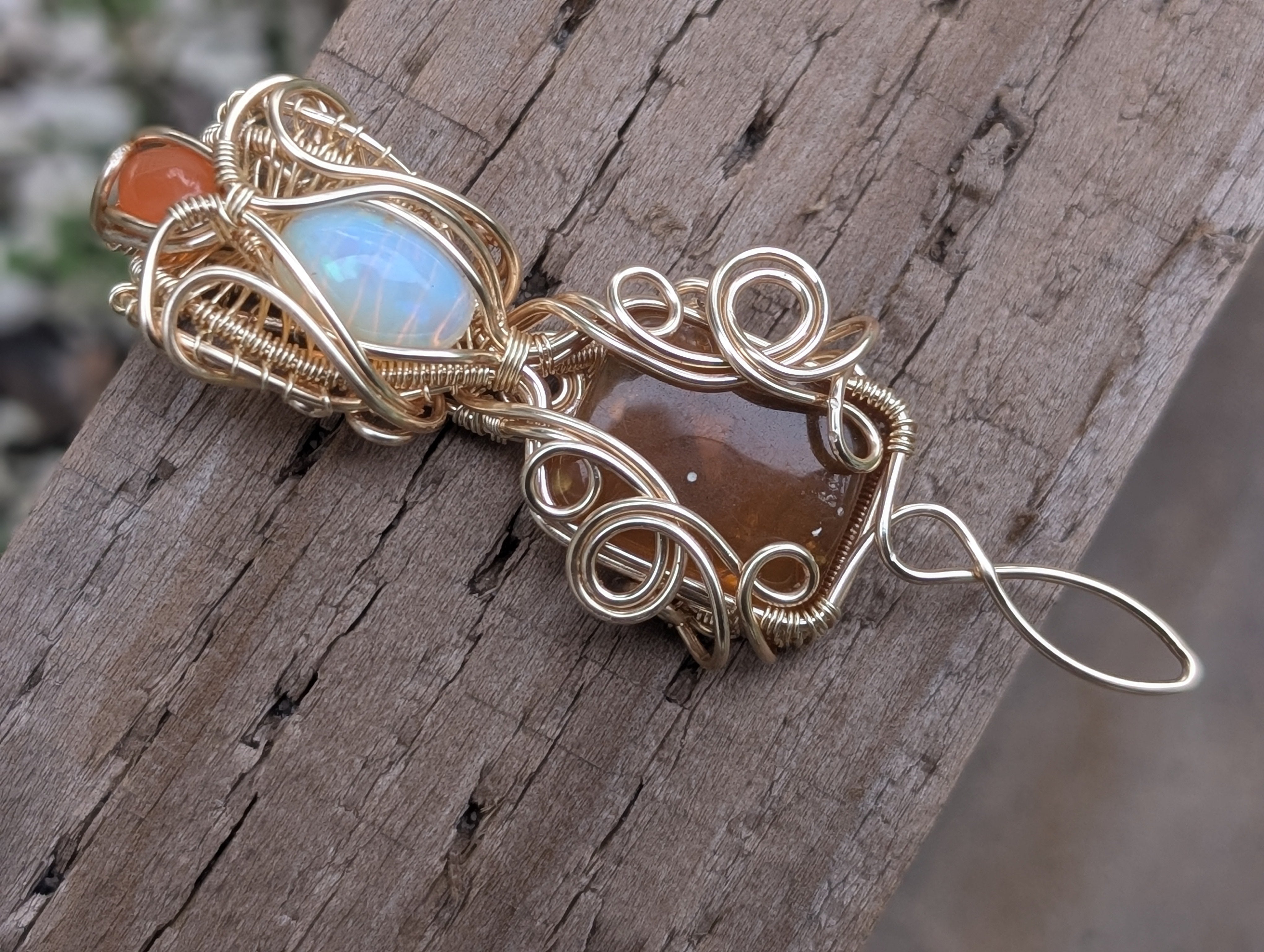 Puck - Ethiopian Opal, Golden Amber, & Carnelian in Gold Coloured Copper