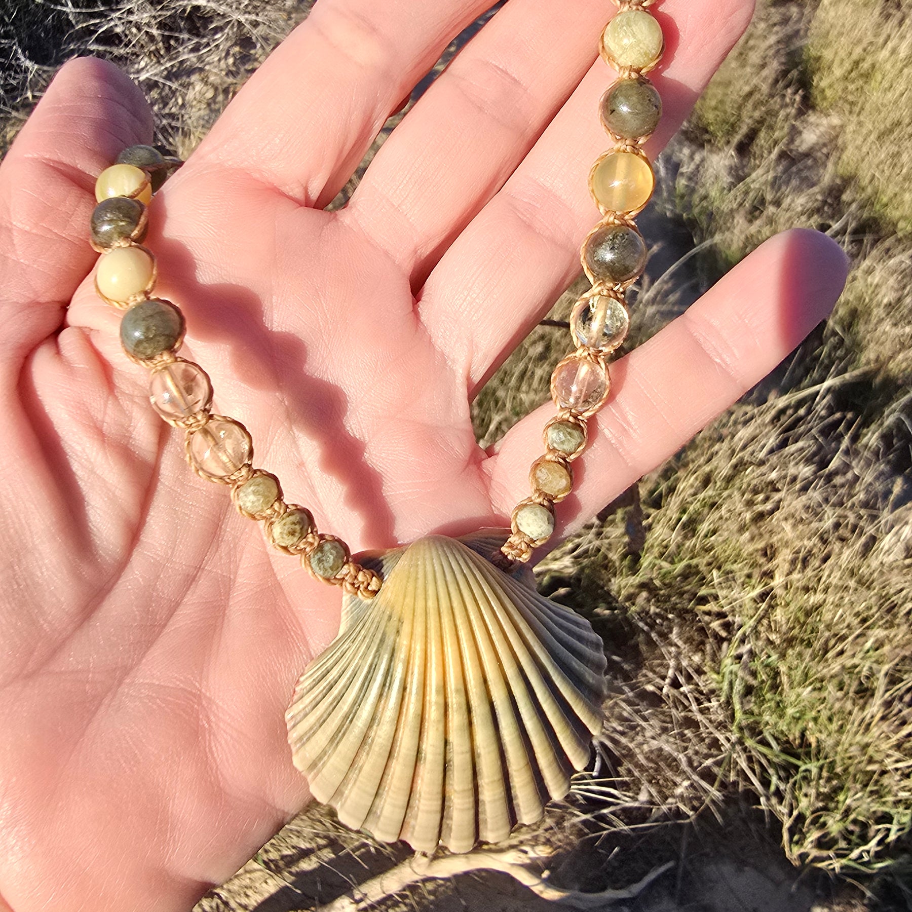 Scallop Shell Necklace with Labradorite and Yellow Opal