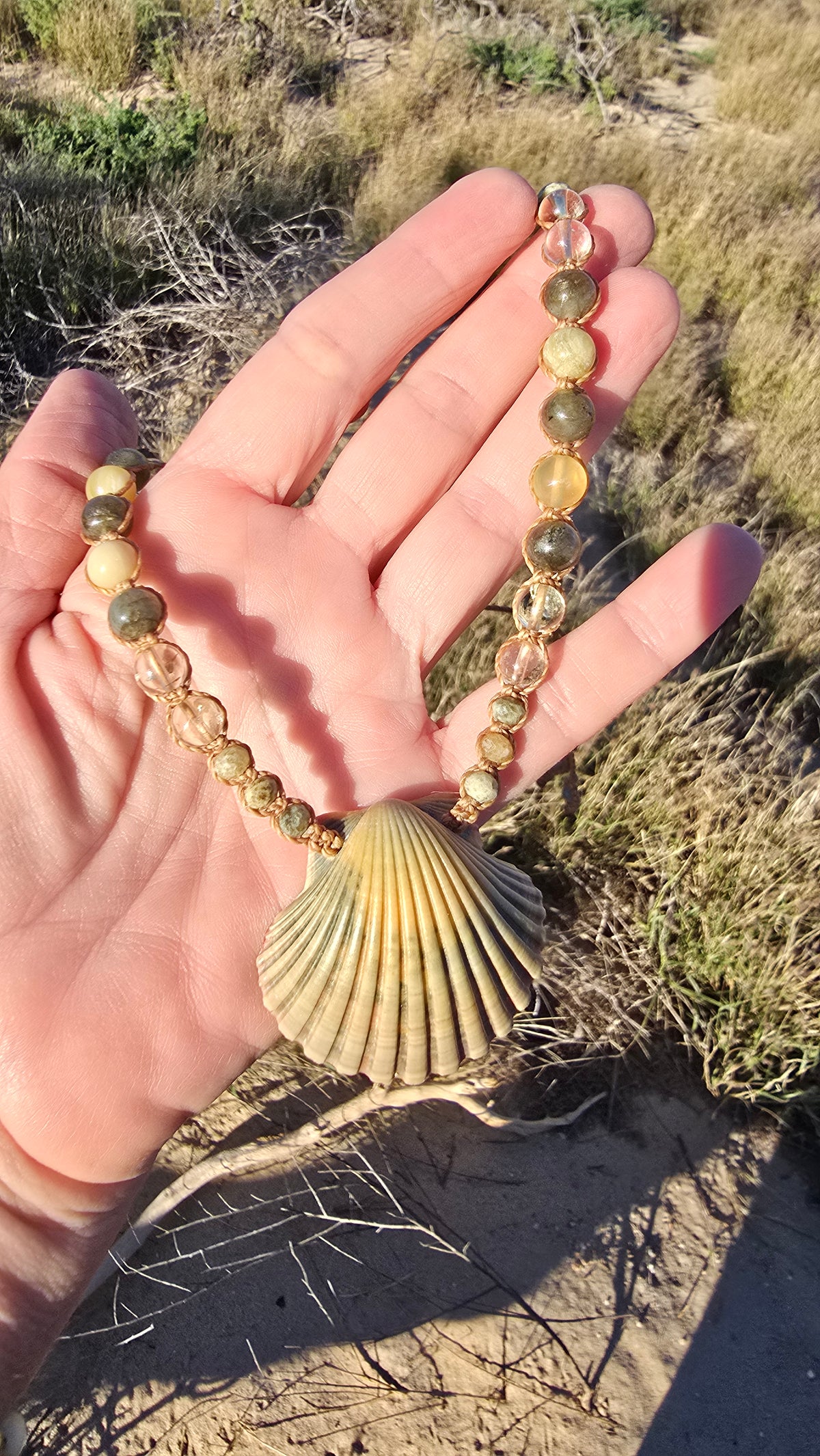 Scallop Shell Necklace with Labradorite and Yellow Opal