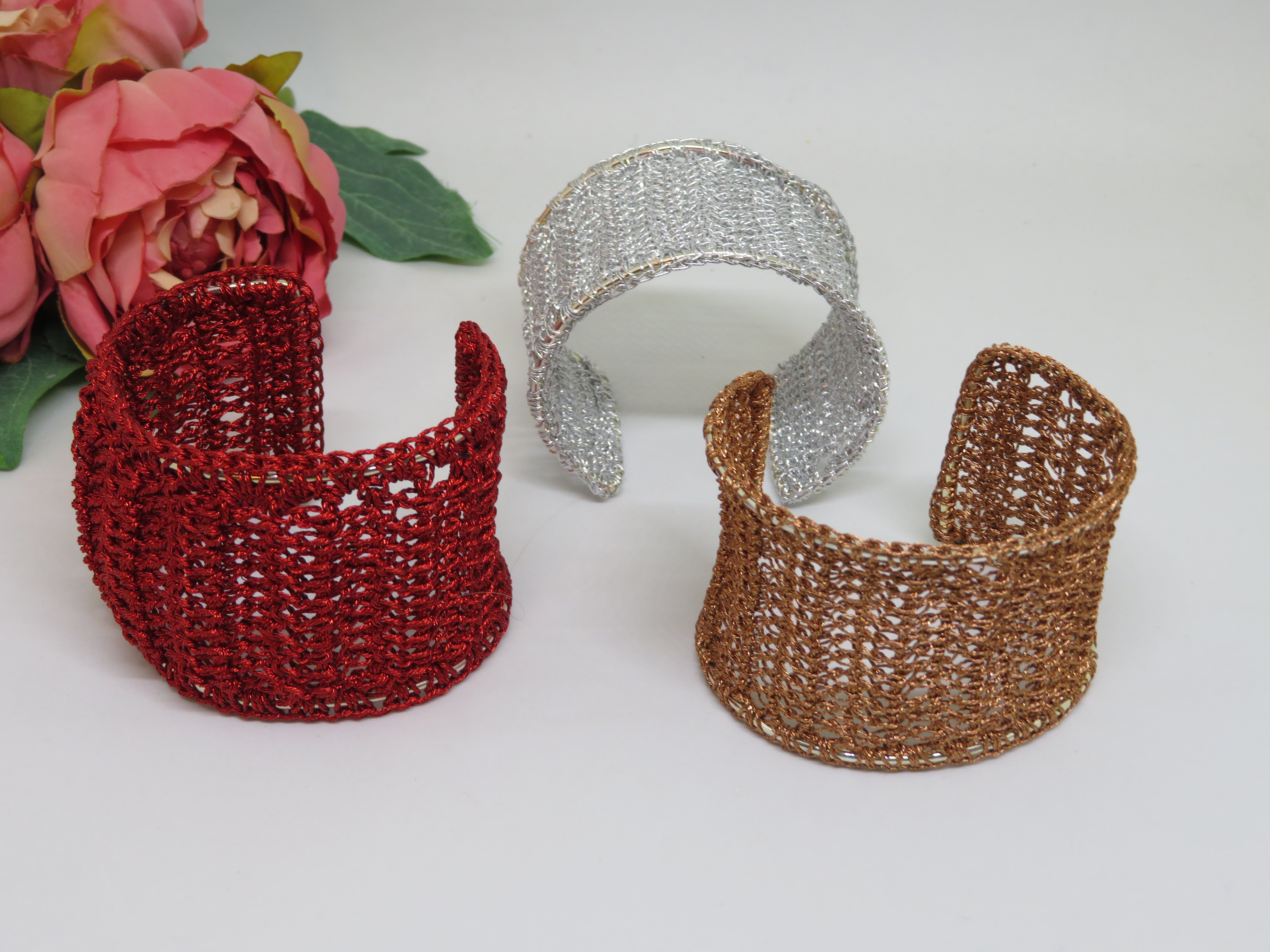 Bespoke Handmade Silver Crochet Shimmer Thread Cuff Bracelet