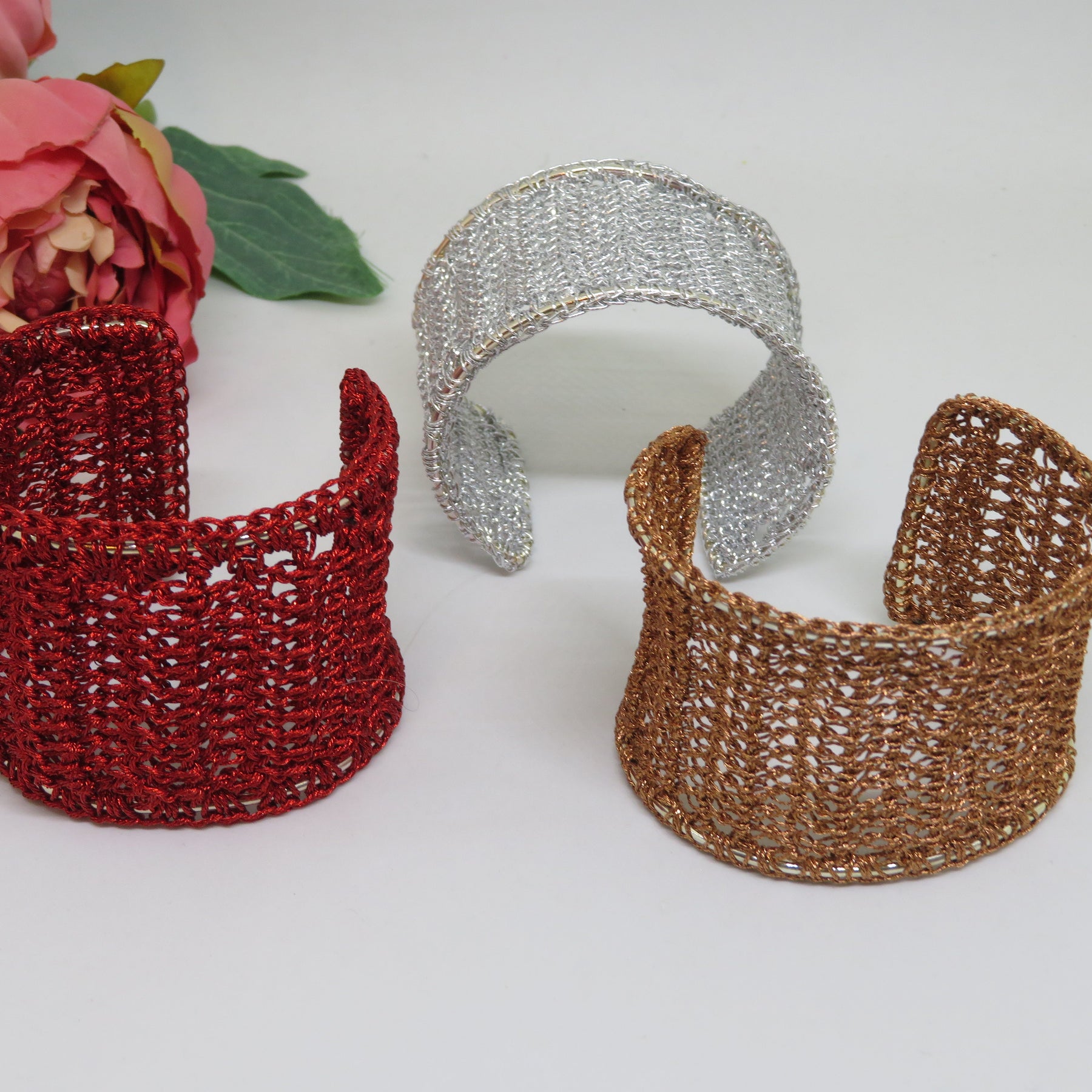 Magenta Bespoke Handmade Crochet Shimmer Thread Cuff Bracelet