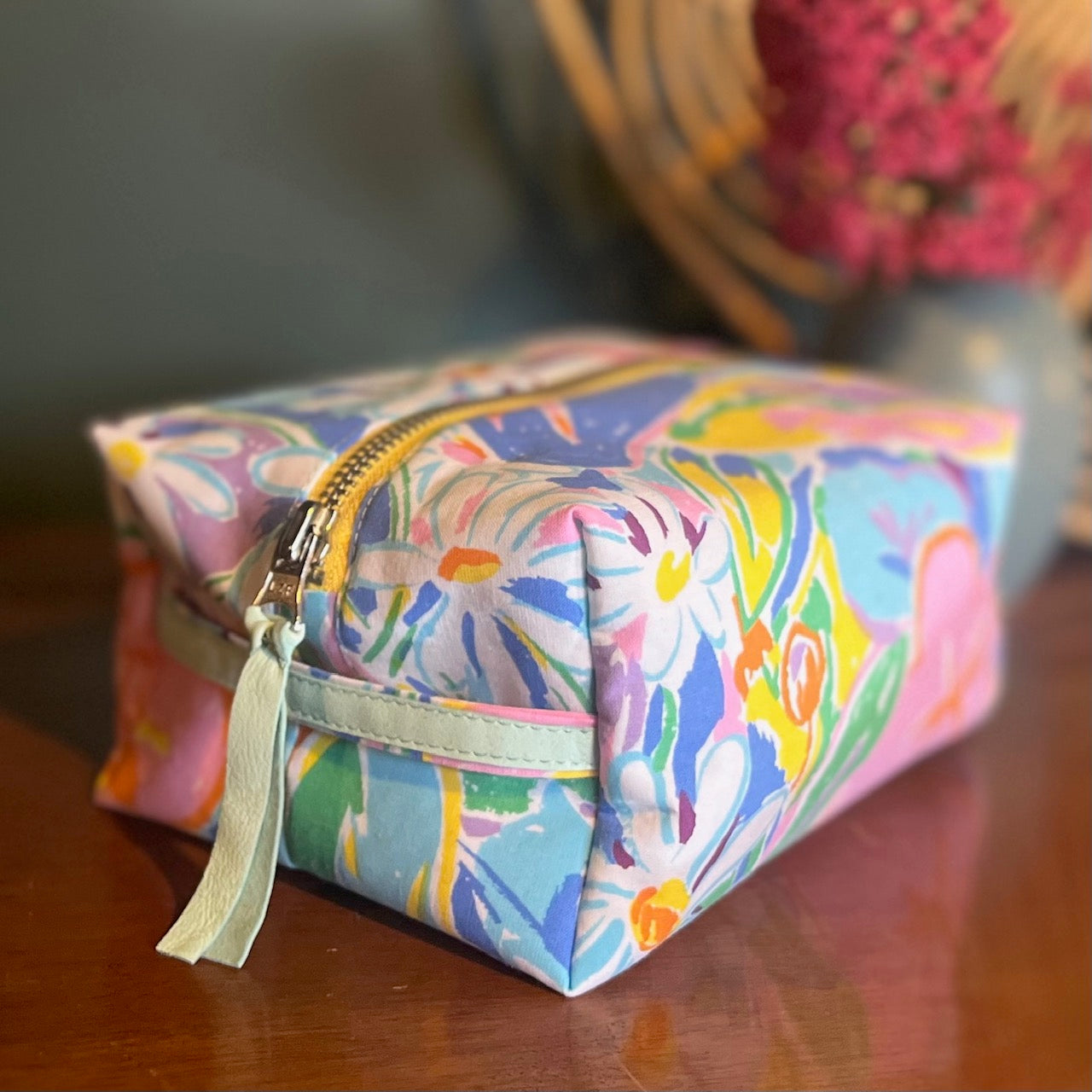 Floral colourful, repurposed vintage fabric box POUCH