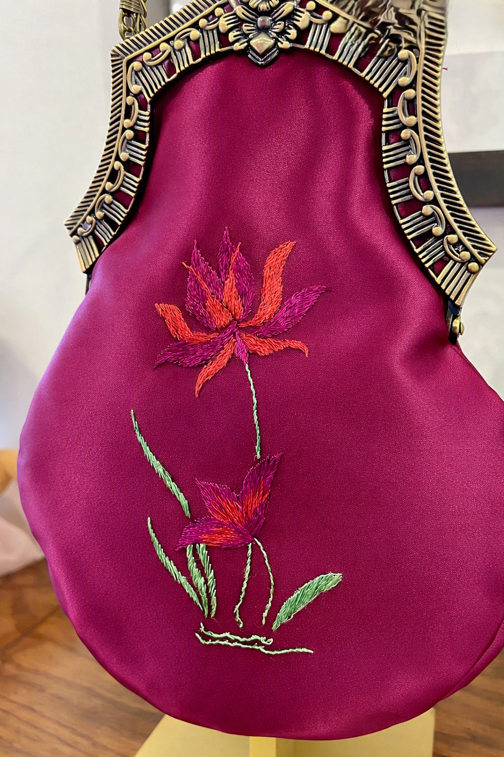 Reclaimed Plum Satin Handbag with Brass Clasp and Embroidery