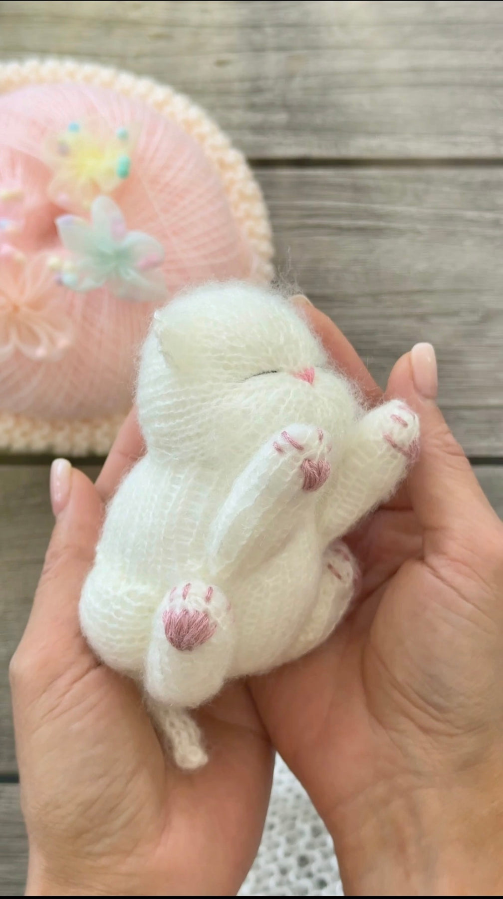 Handmade White Knitted Sleeping Kitten in Blue Bunny Bonnet and Blanket with Butterfly Toy