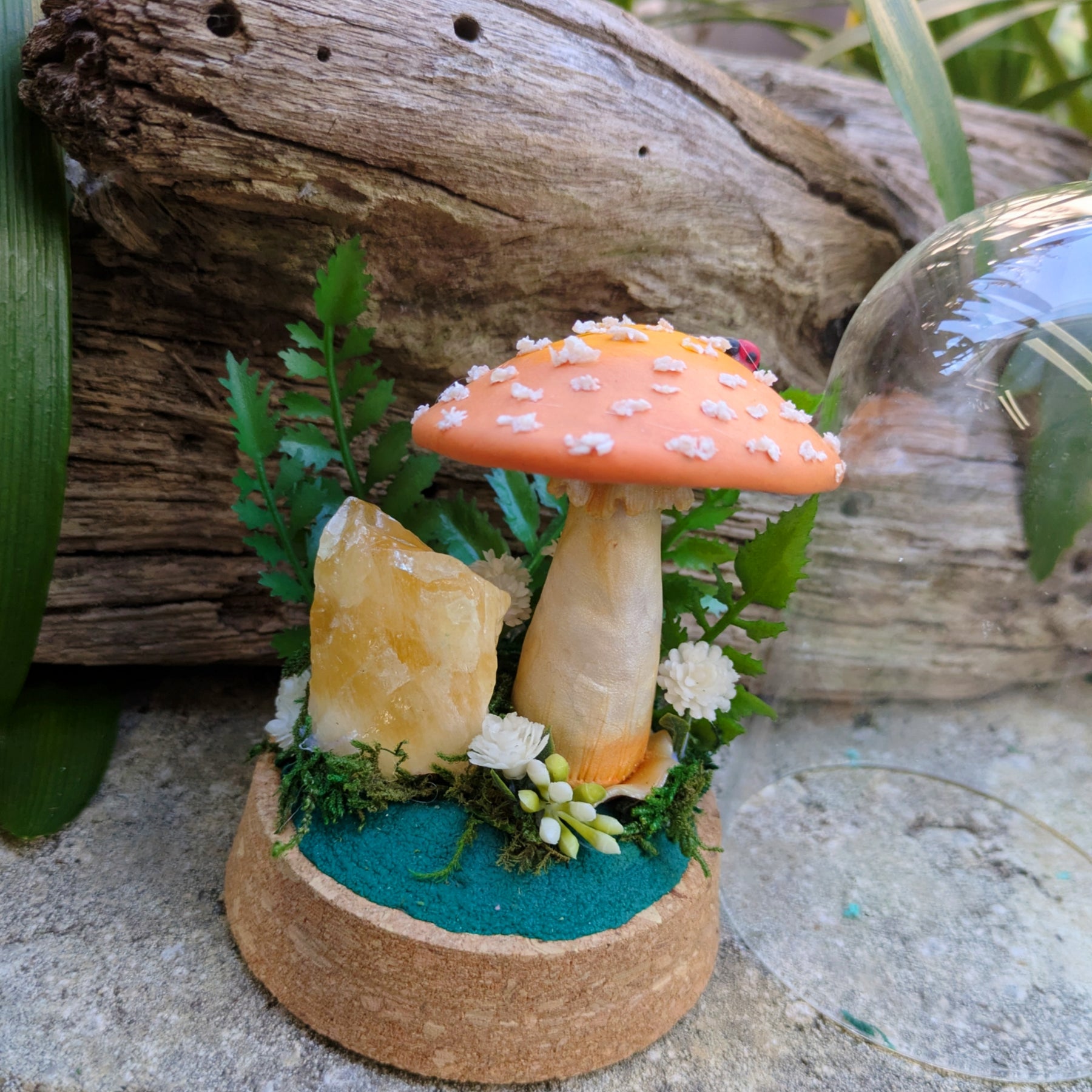 Enchanted Orange Mushroom & Honey Calcite Crystal Dome