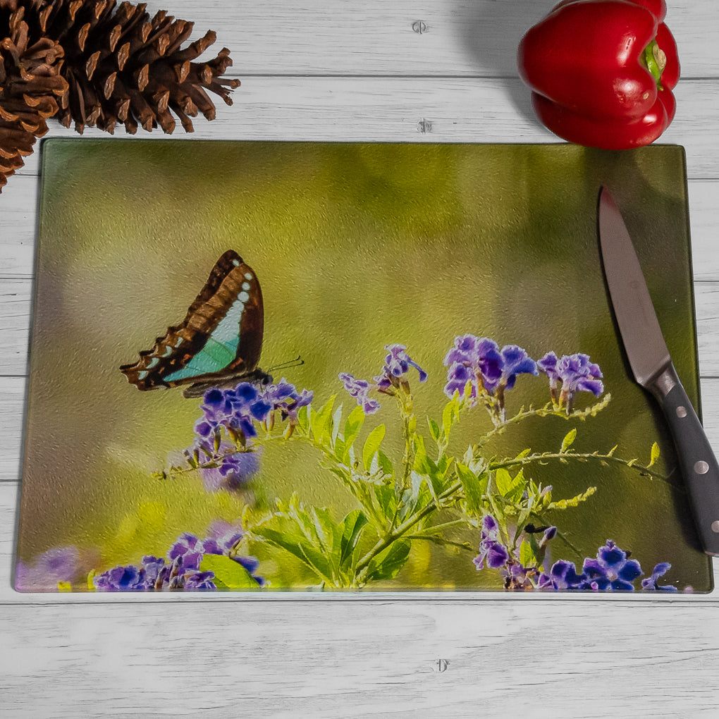 Tempered Glass Chopping Board - Garden Friends - Blue Triangle Butterfly, Damselfly