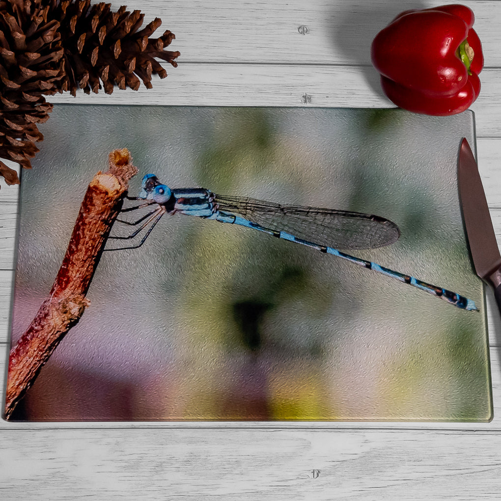 Tempered Glass Chopping Board - Garden Friends - Blue Triangle Butterfly, Damselfly