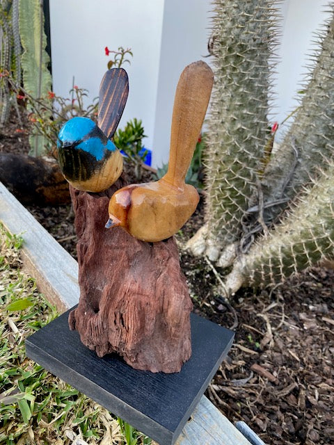 Hand Carved Wooden Wren Pair