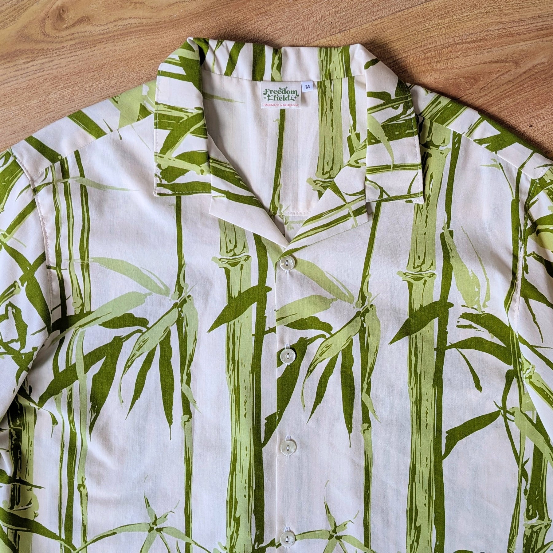 Upcycled Vintage 1970s Cotton Unisex Button-up Shirt (Green Bamboo & White / Size M)