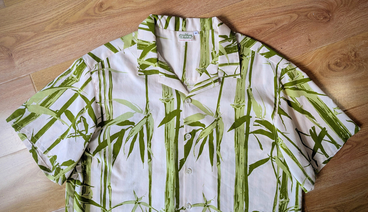 Upcycled Vintage 1970s Cotton Unisex Button-up Shirt (Green Bamboo & White / Size M)