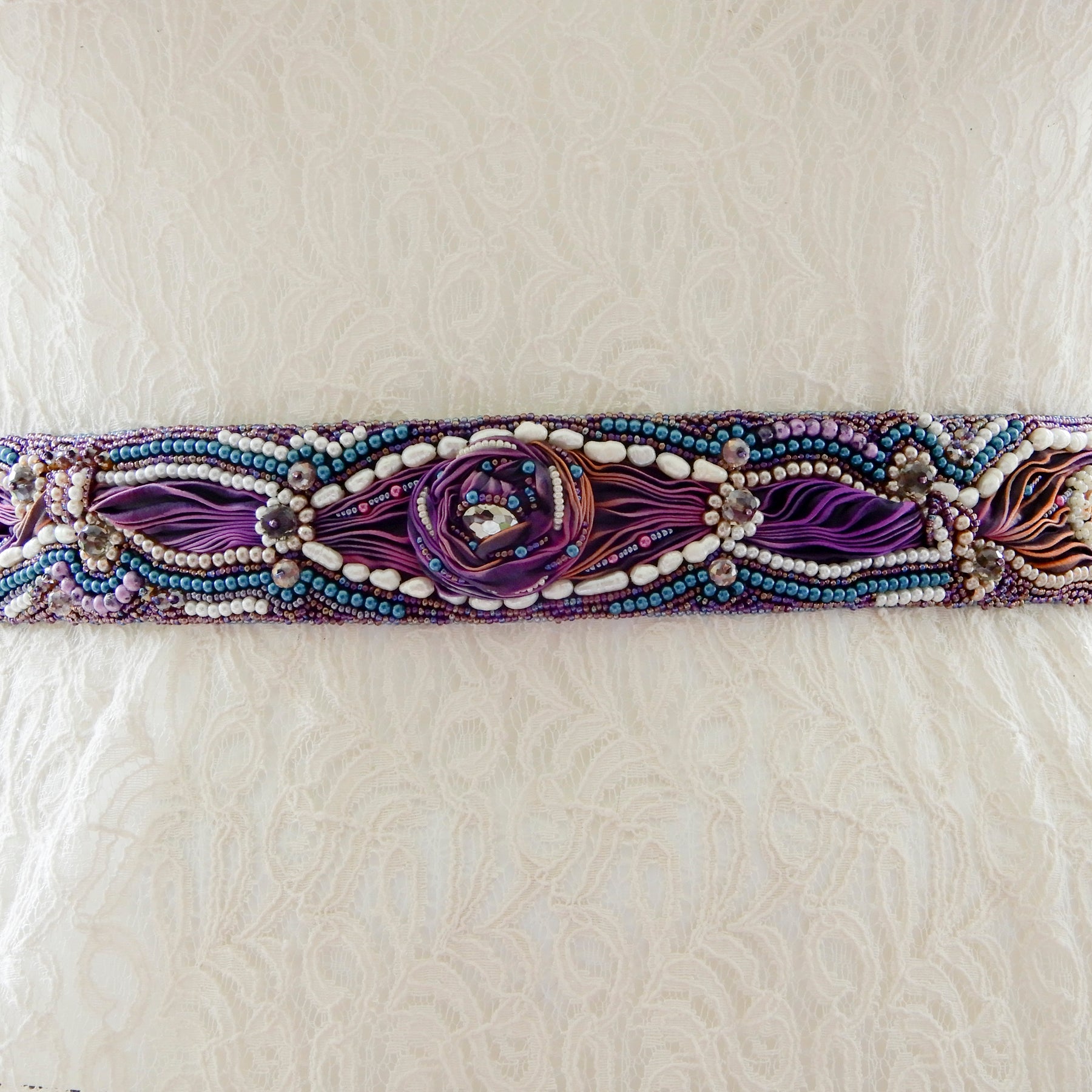Bead Embroidered Bridal Sash Belt in Mostly Purple