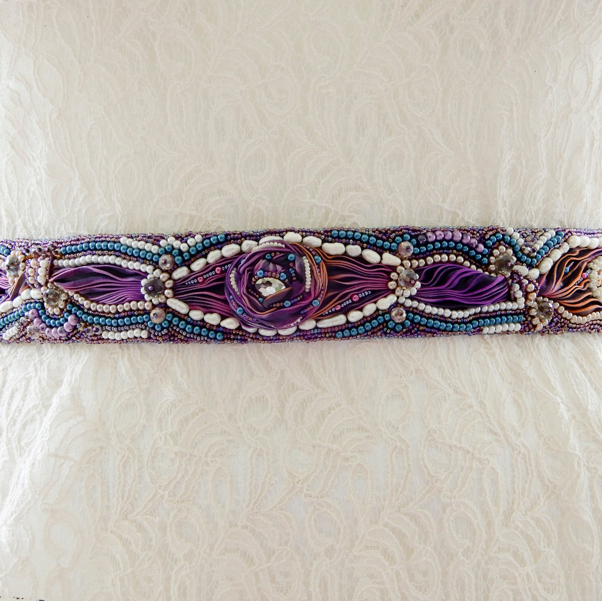 Bead Embroidered Bridal Sash Belt in Mostly Purple