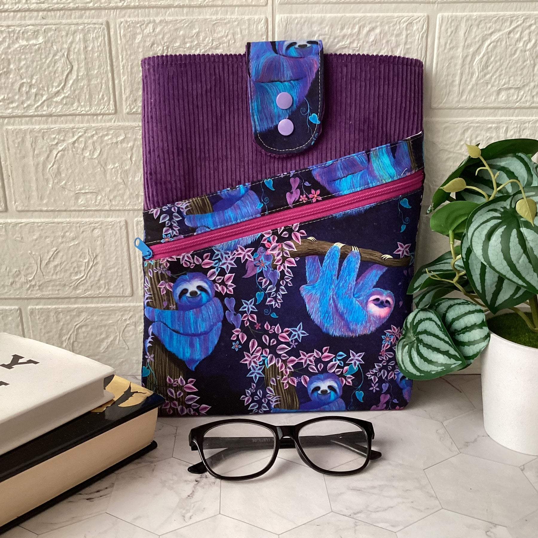 Moonlight Sloths fabric book sleeve with 2 pockets. iPad, tablet pouch