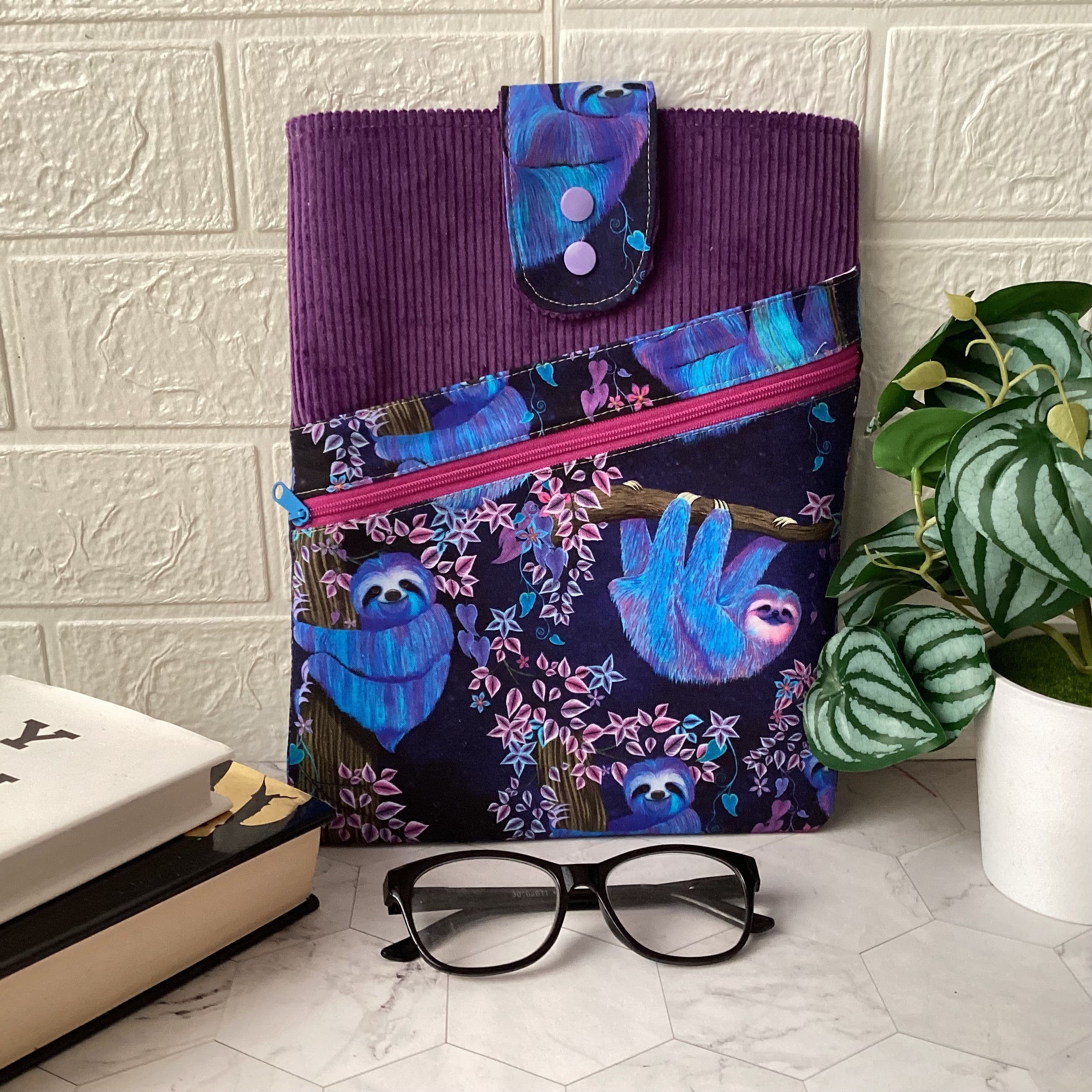 Moonlight Sloths fabric book sleeve with 2 pockets. iPad, tablet pouch