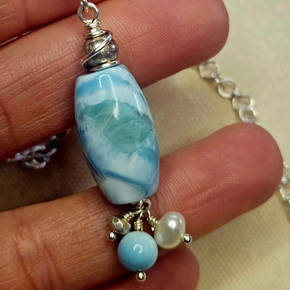 Thai Silver & Larimar Wirework Necklace with Freshwater Pearl