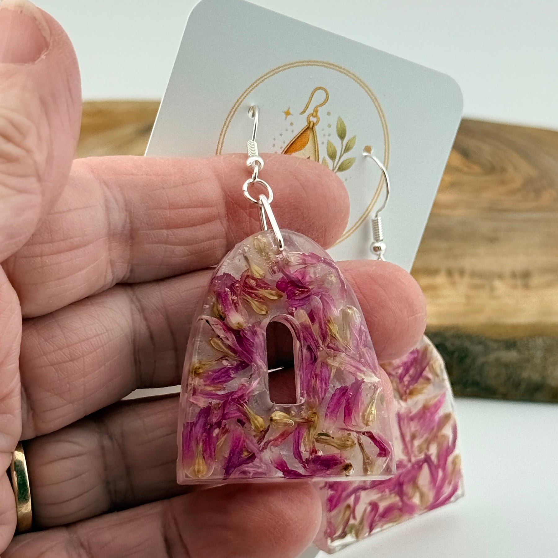 Springtime - Dried Purple Flower Resin Drop Earrings with Pearl Shimmer Back