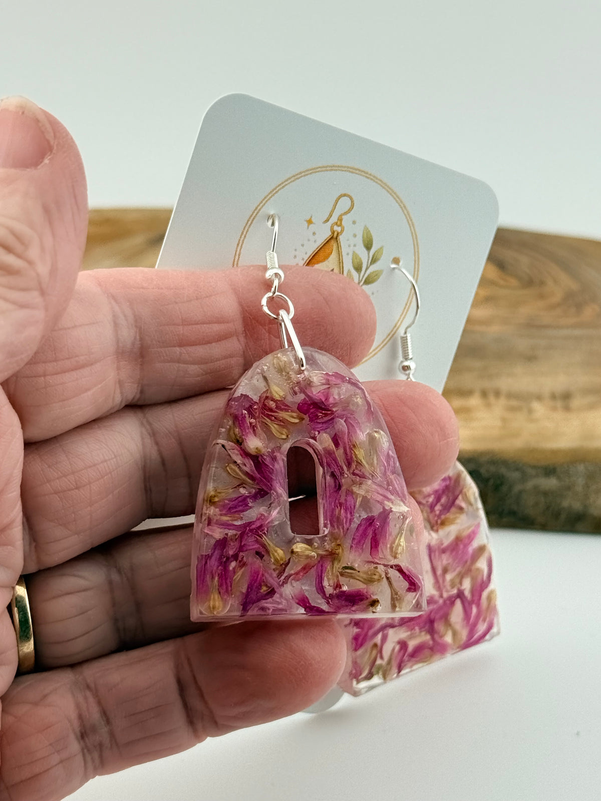Springtime - Dried Purple Flower Resin Drop Earrings with Pearl Shimmer Back
