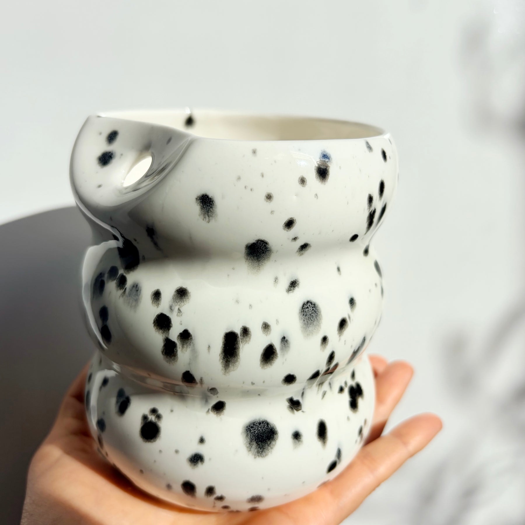 Handcrafted Porcelain Tumbler with Silicon Straw, 600mL Bubble Cup in Dalmatian Glaze