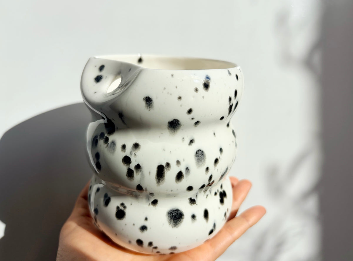 Handcrafted Porcelain Tumbler with Silicon Straw, 600mL Bubble Cup in Dalmatian Glaze