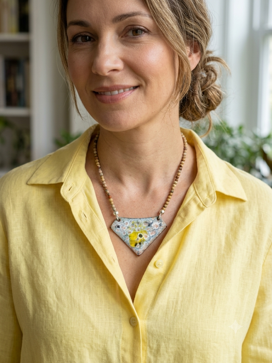 Yellow, pink and grey enamel pendant with leopard skin Jasper beads