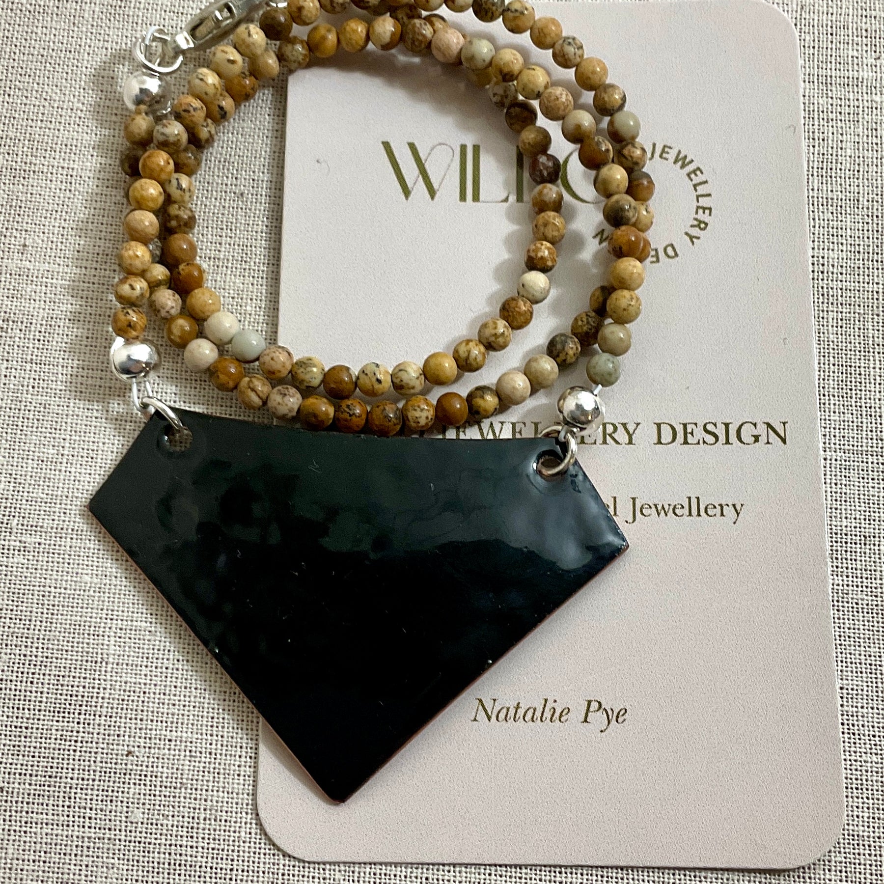 Yellow, pink and grey enamel pendant with leopard skin Jasper beads