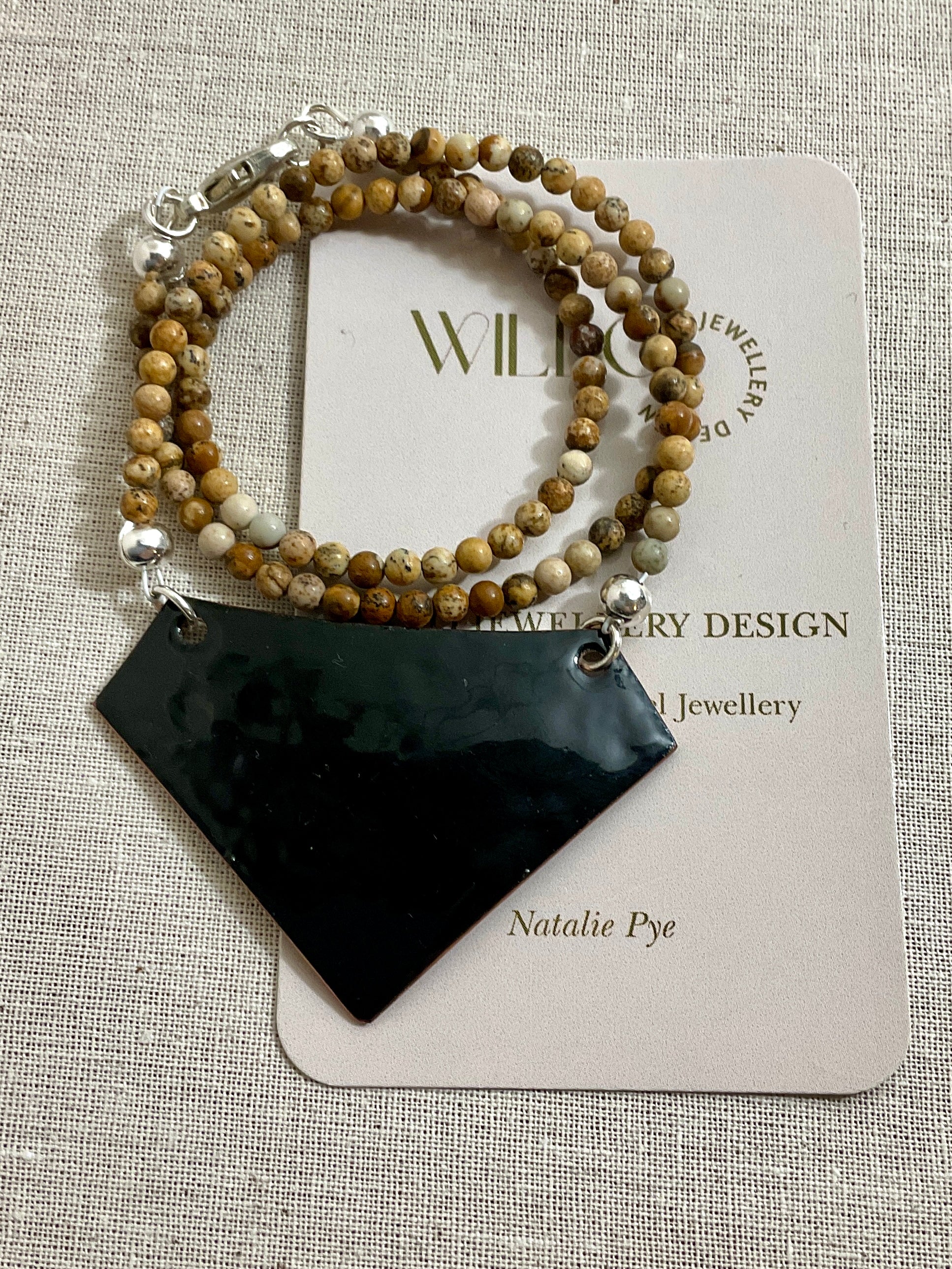 Yellow, pink and grey enamel pendant with leopard skin Jasper beads