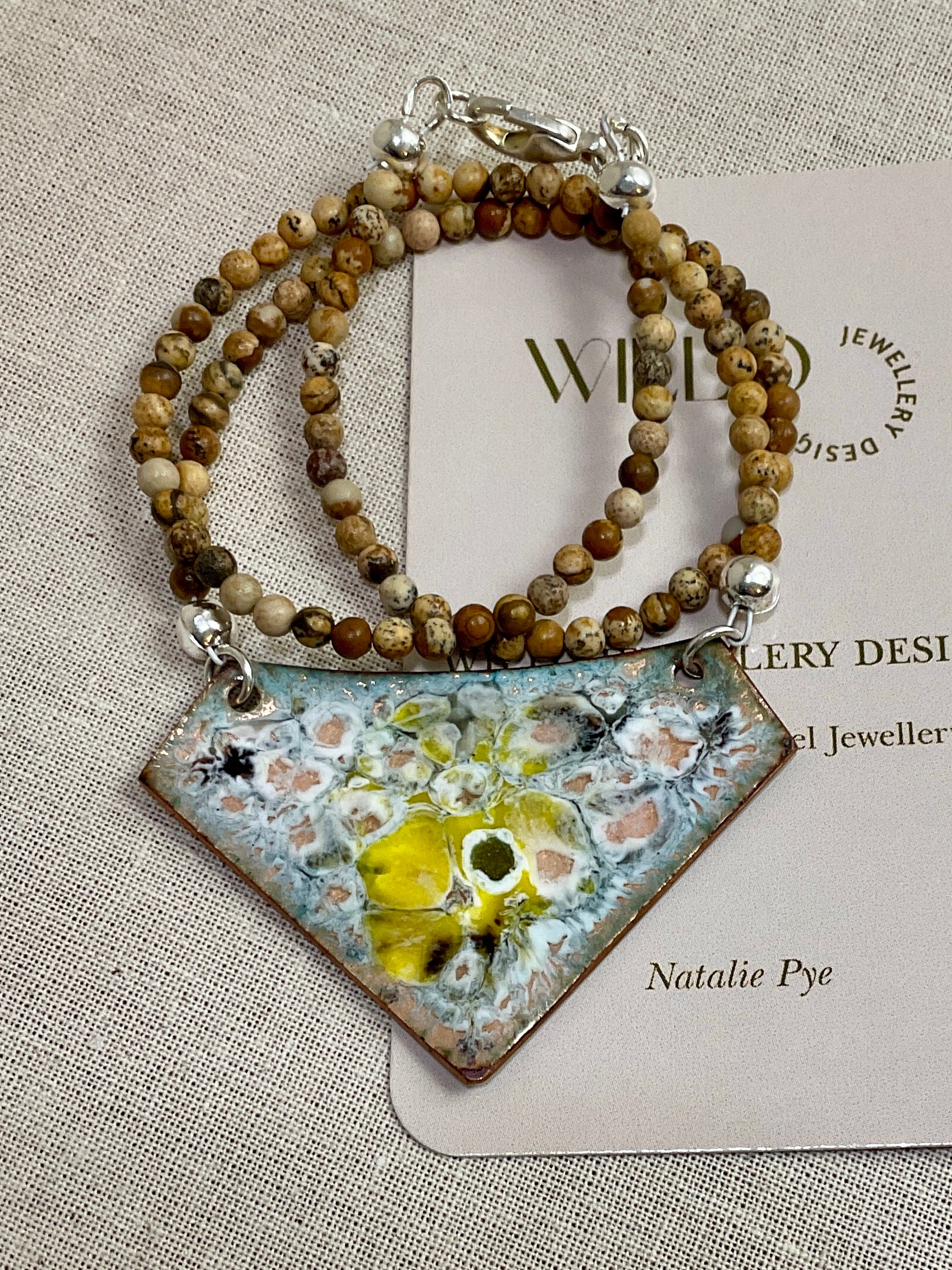 Yellow, pink and grey enamel pendant with leopard skin Jasper beads