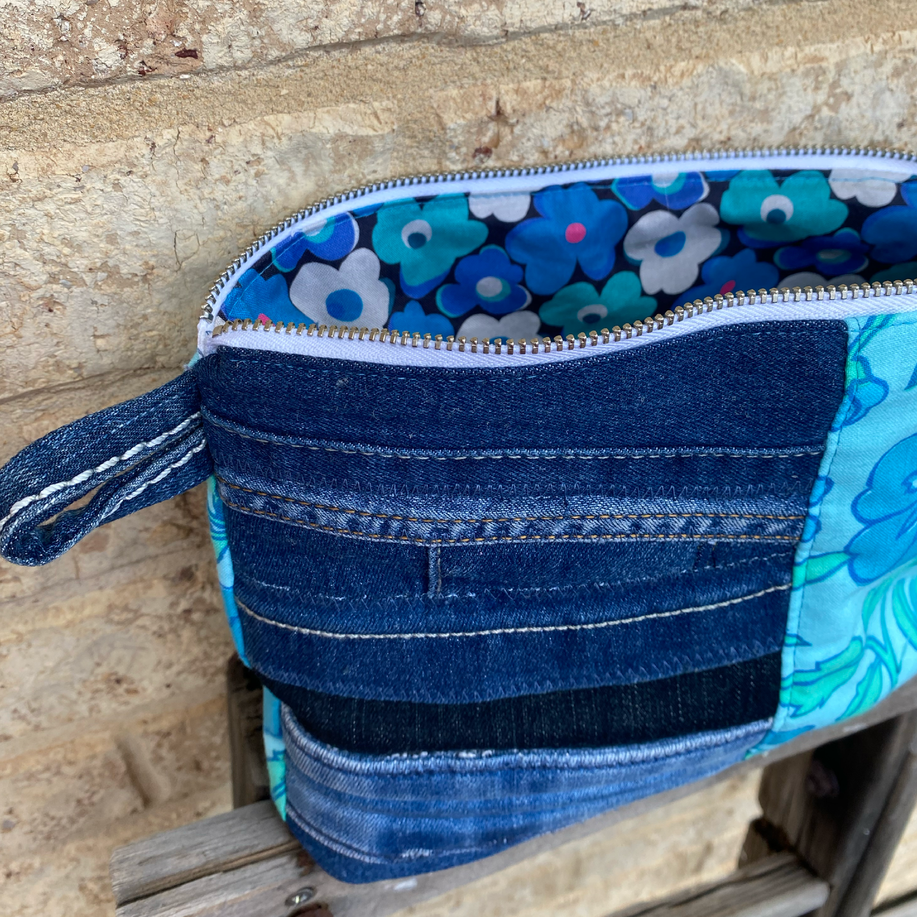 Handmade Pouch Cosmetic Bag Upcycled Vintage Retro - Blue Jean Bloom