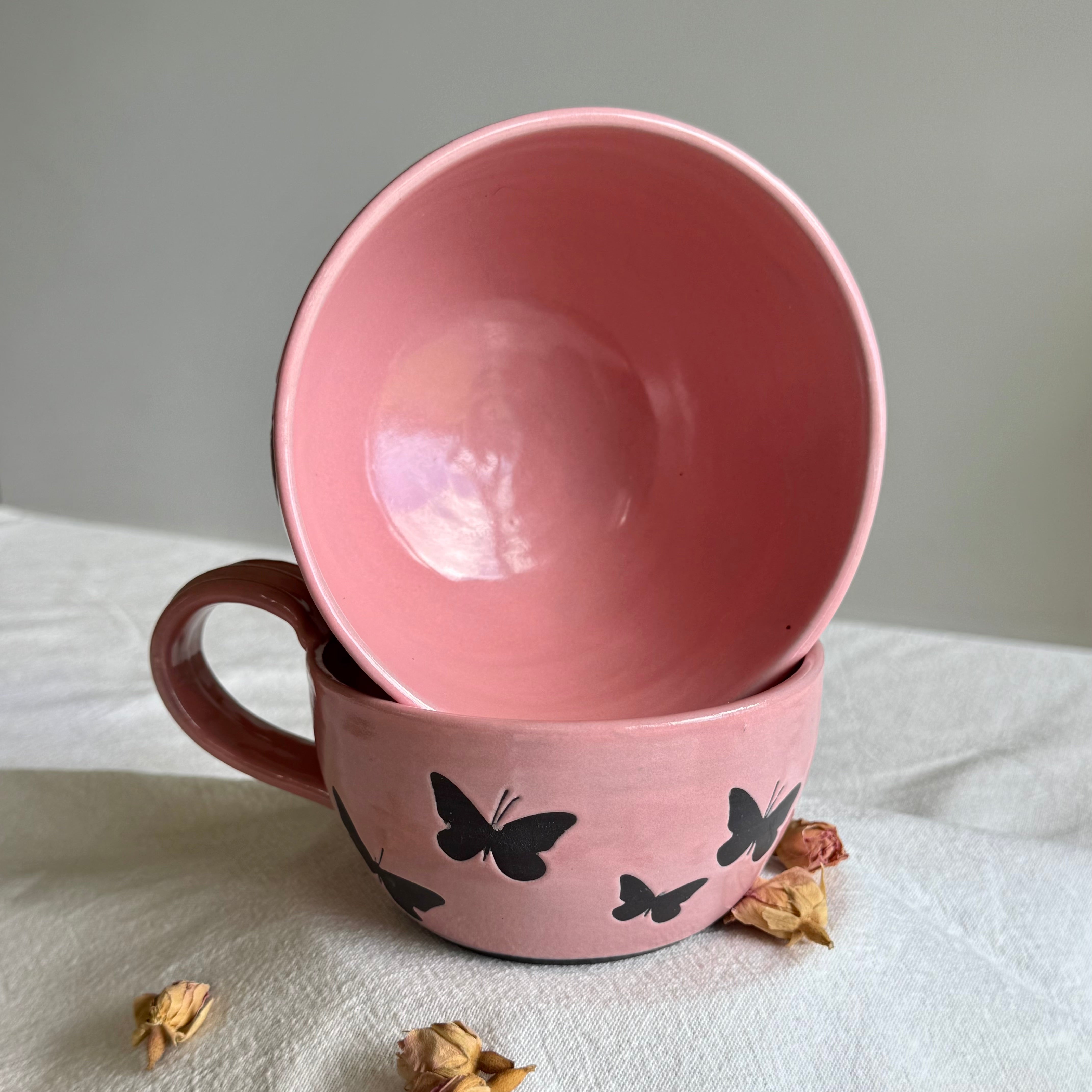 Papillon Noir | 2 Piece Breakfast Set | Pink | Black Clay | Wheel Thrown Pottery