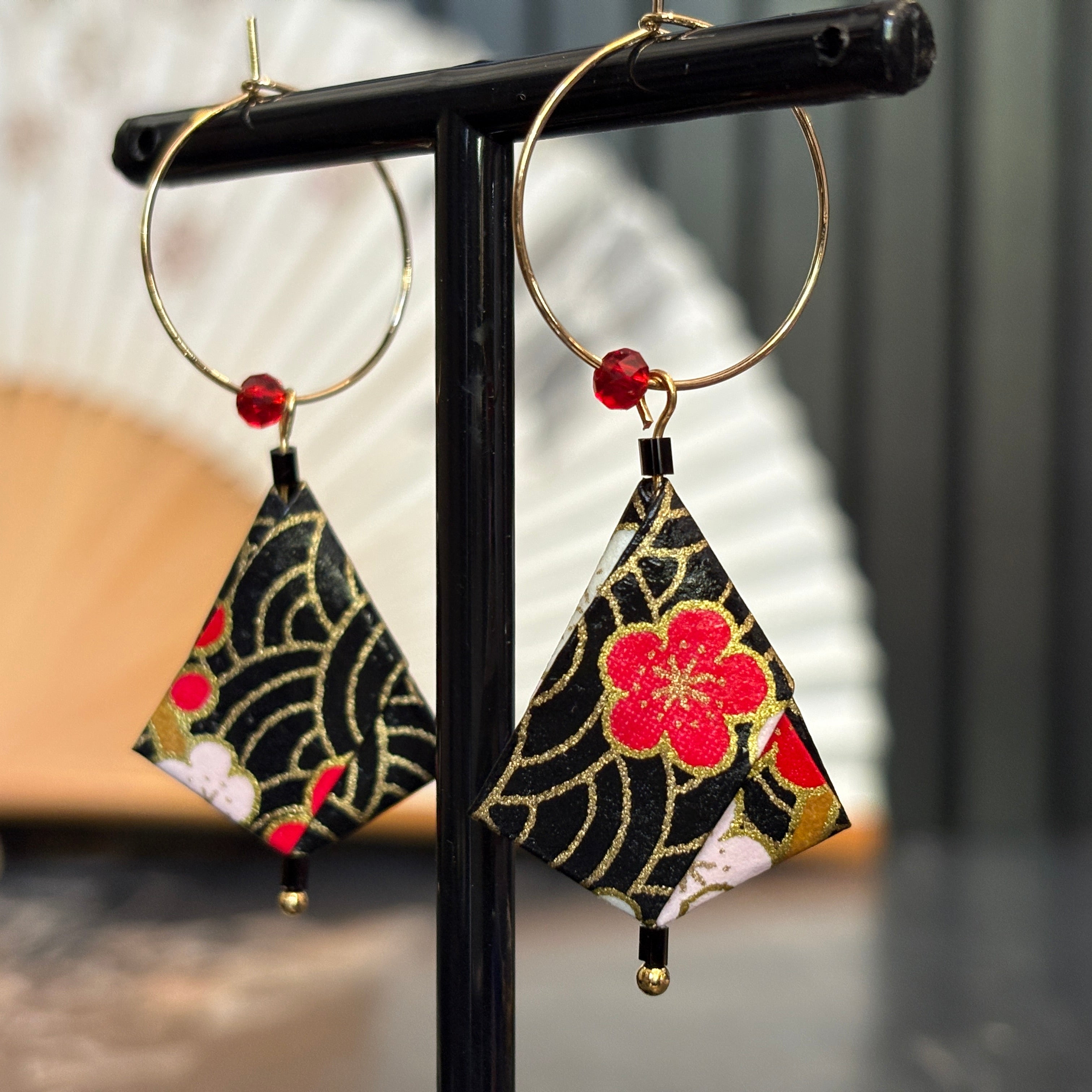 Origami Earrings – Black Waves with Red and Pink Florals