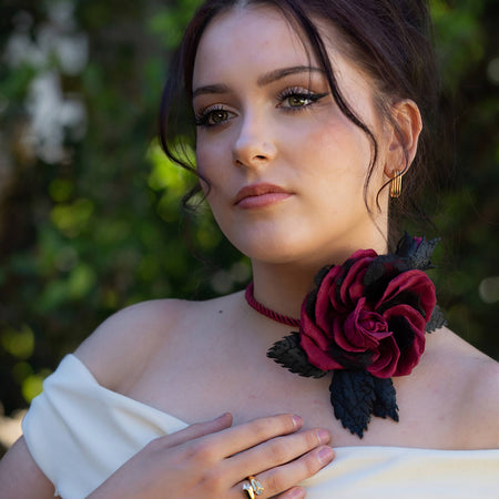 LEATHER CRIMSON ROSE “Dark Romance” pin brooch hair hat clip . Leather anniversary wedding gift. Millinery