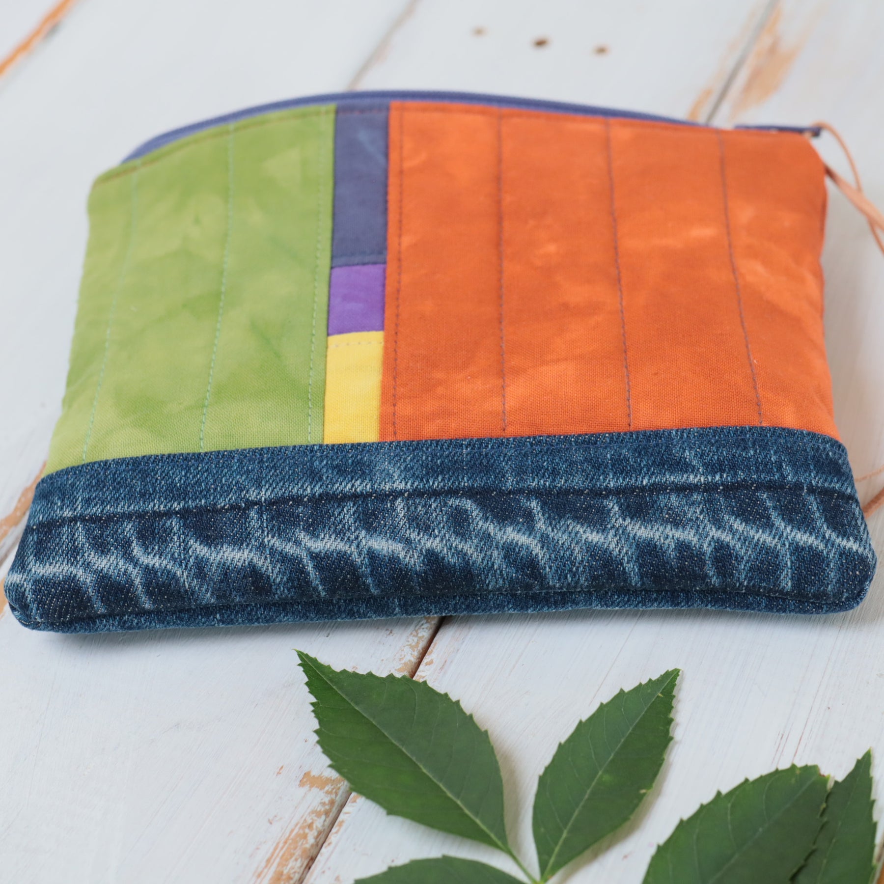 Hand Dyed Zipper Pouch, Makeup Bag, Sewing Pouch. Green and Ochre