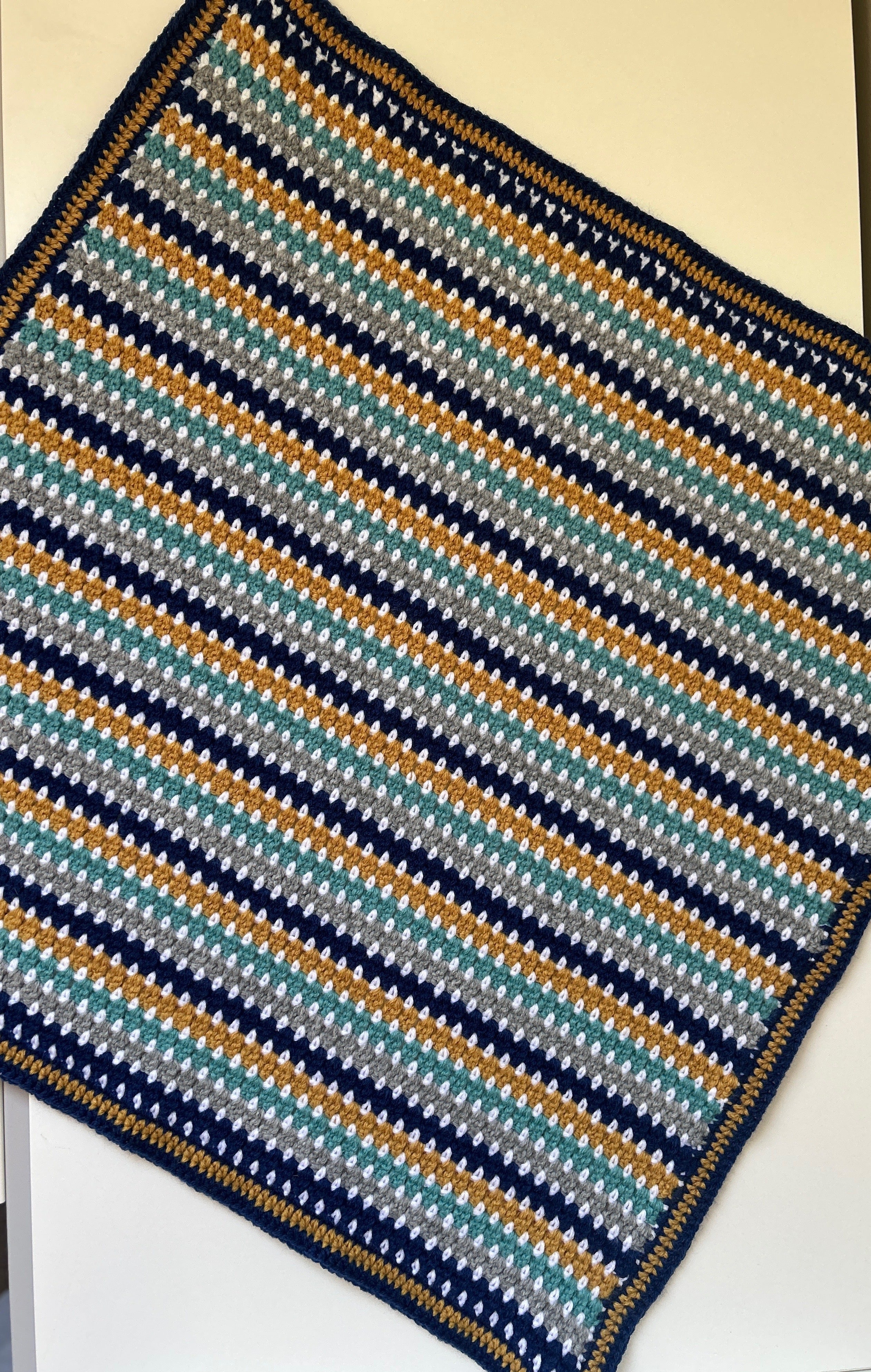 Little Adventurer – Handmade Crochet Baby Blanket | Navy, Sage, Grey & Mustard, Gender Neutral Baby Gift