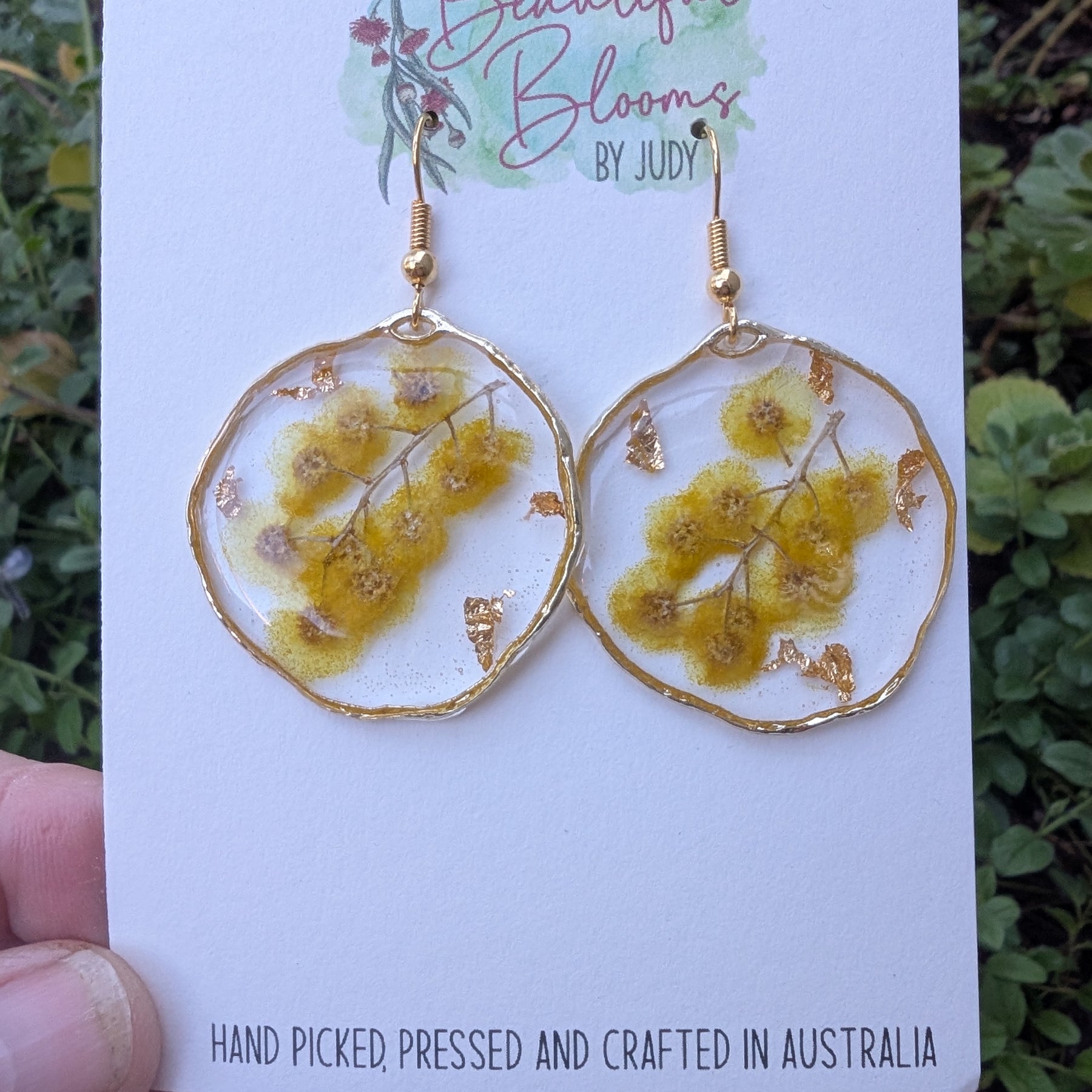 Real Golden Wattle Resin Dangle Earrings