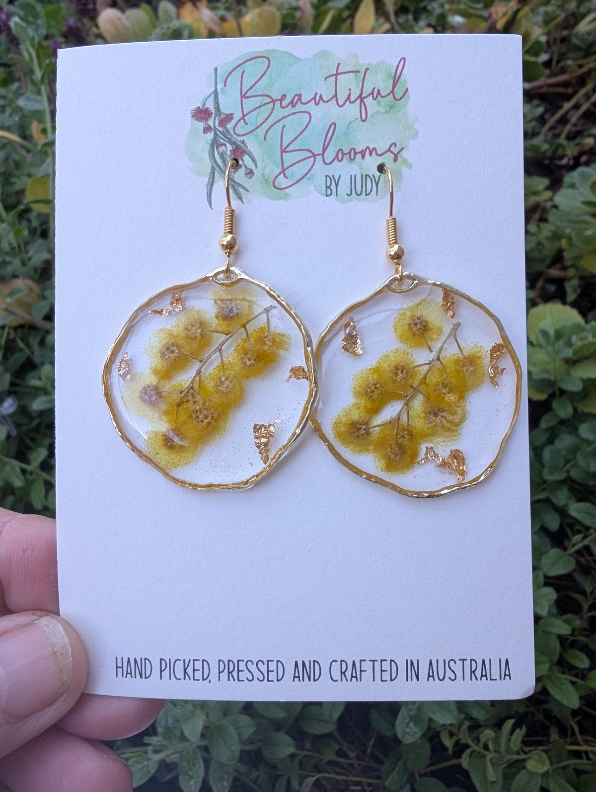 Real Golden Wattle Resin Dangle Earrings