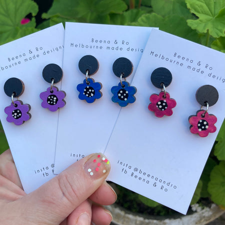 Purple hand painted flower earrings