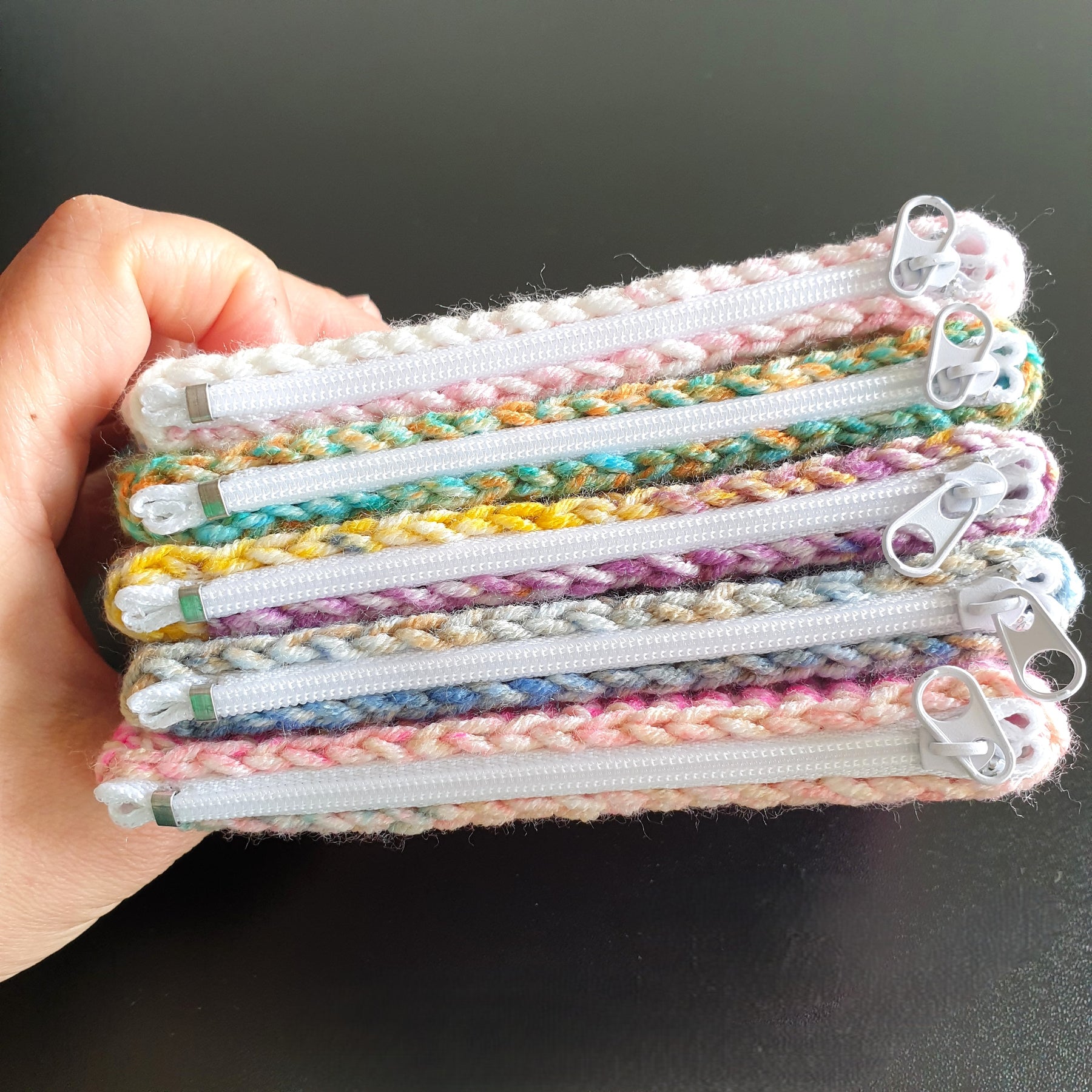 Handmade Crocheting Colourful Zippered Crochet Coin Pouch : Pink Blue Green Purple Mix
