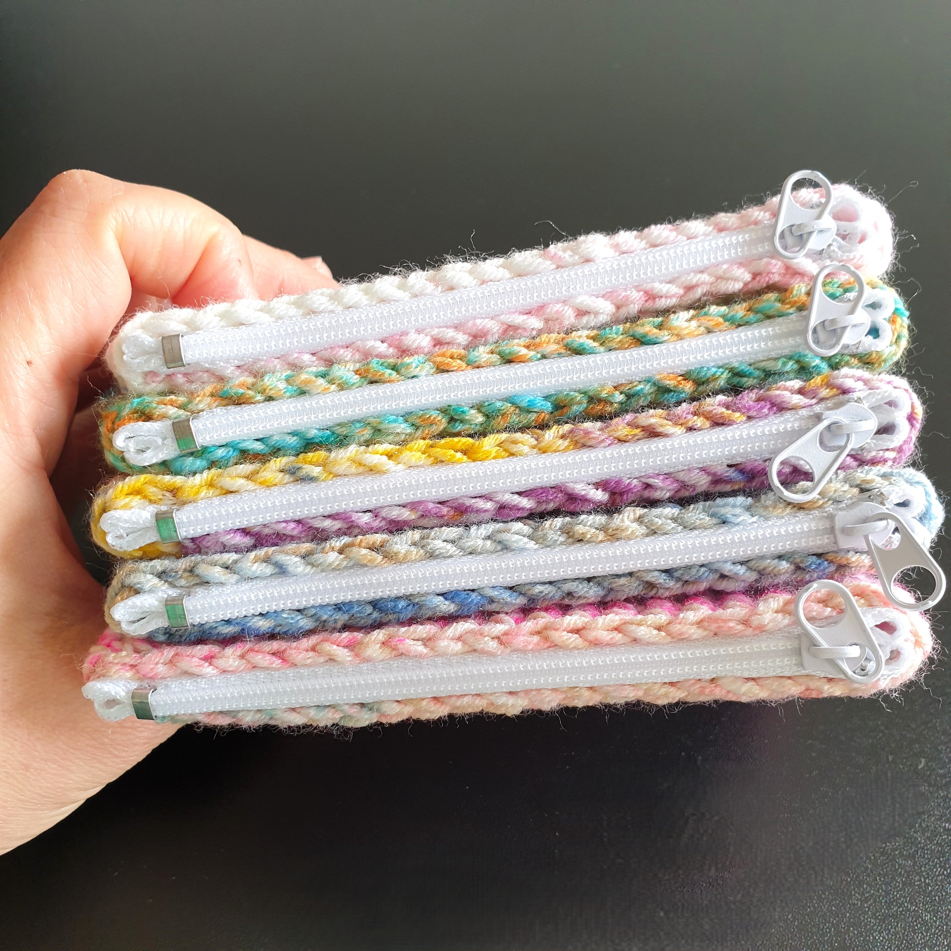 Handmade Crocheting Colourful Zippered Crochet Coin Pouch : Pink Blue Green Purple Mix