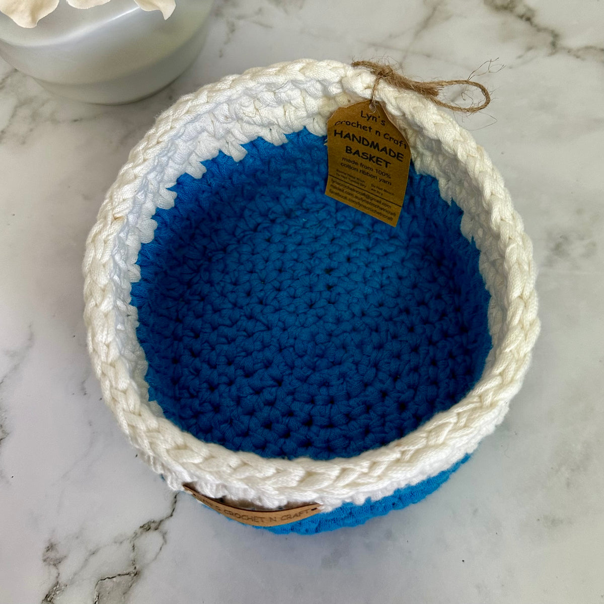 Handmade Blue and White Crochet  Basket