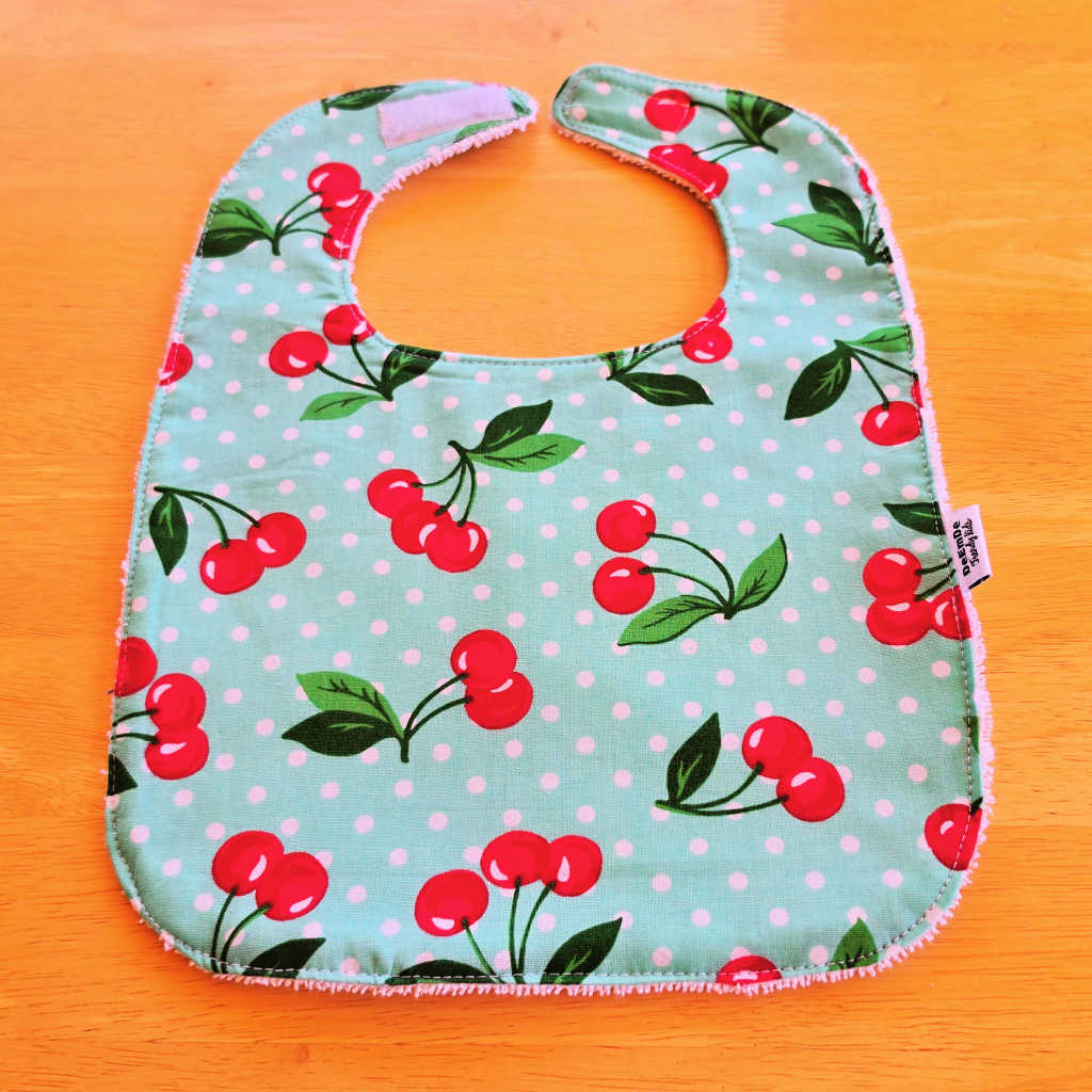 Handmade Baby Bib – Red Cherries on the Prettiest Green