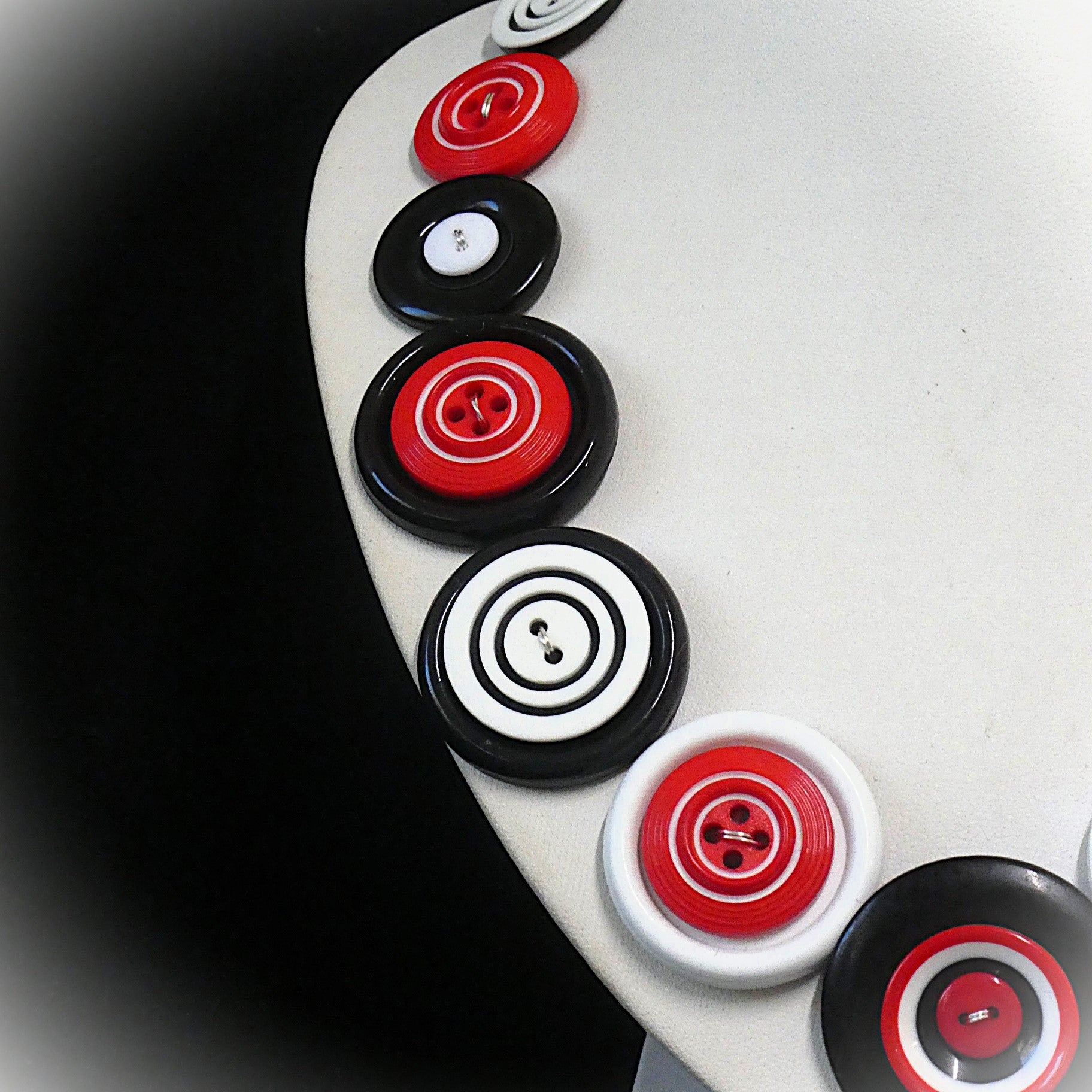 Red White Black Button Necklace and Earrings, Upcycled Jewelry Set