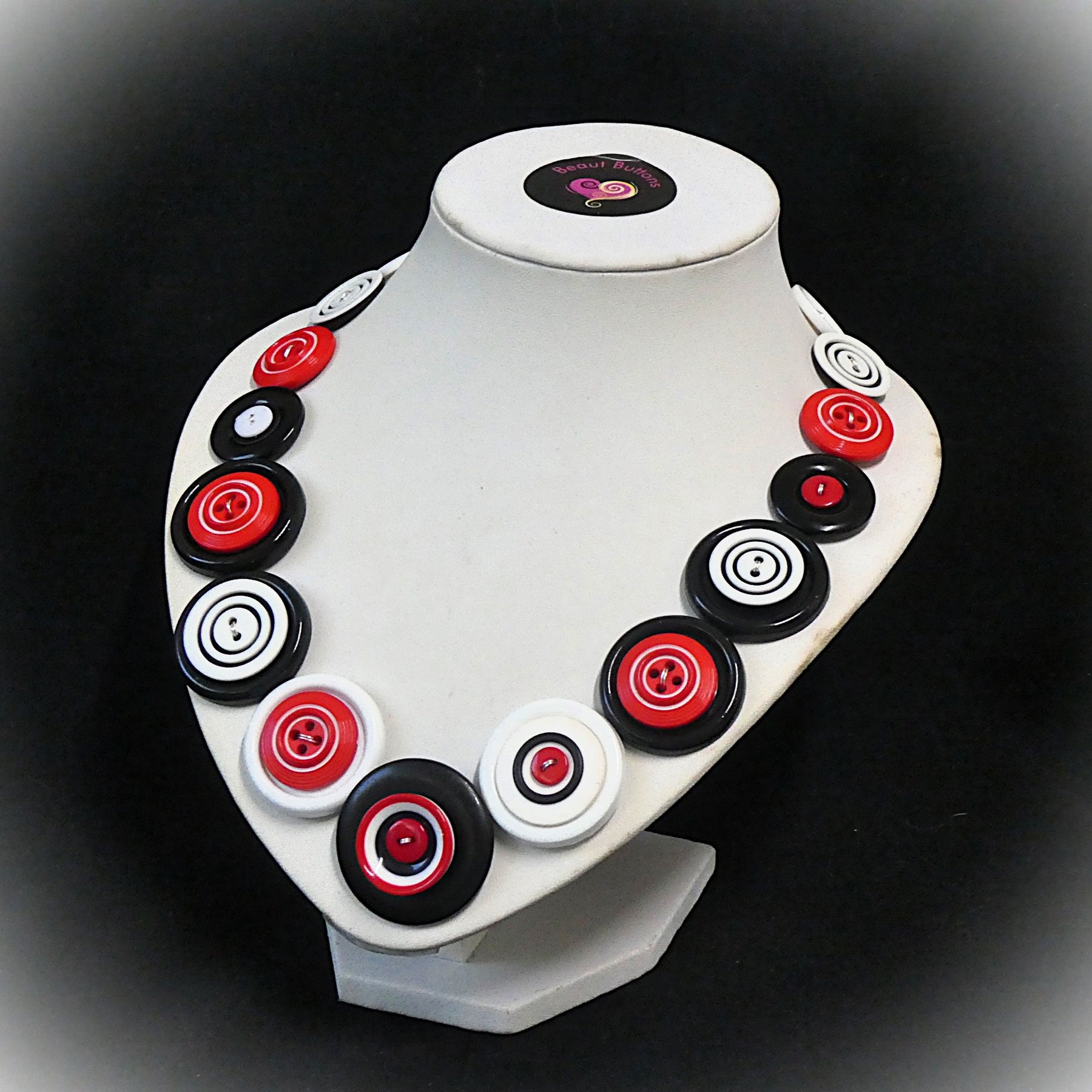 Red White Black Button Necklace and Earrings, Upcycled Jewelry Set