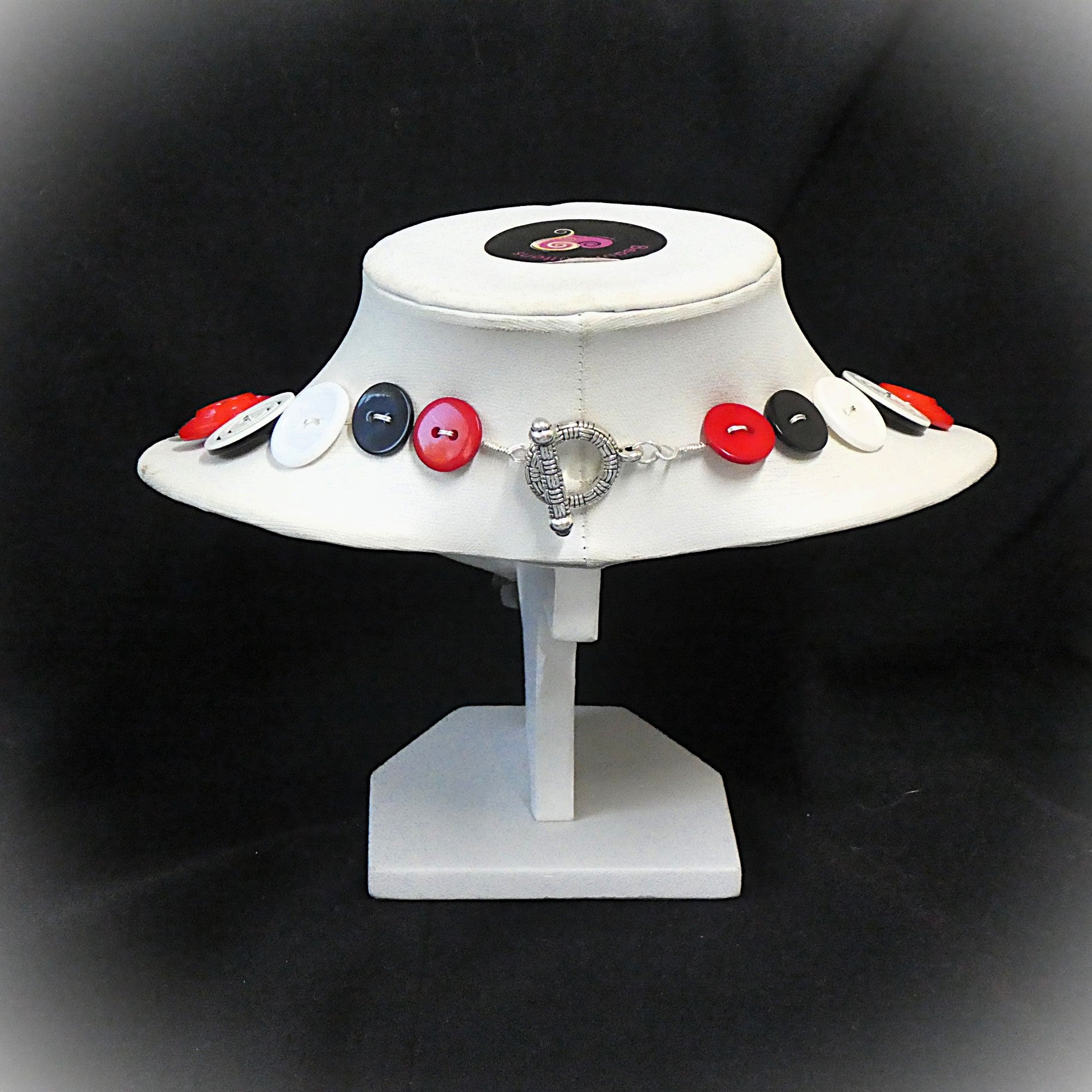 Red White Black Button Necklace and Earrings, Upcycled Jewelry Set