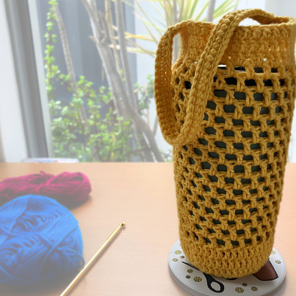 Sunflower Yellow - Crocheted Cotton Hydration Bottle Carrier - Hand Strap