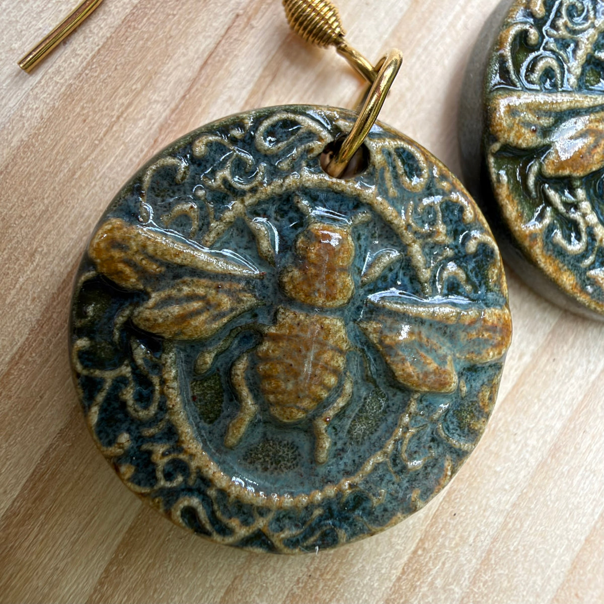 Ceramic Bee Earrings Gold Circle - Lightweight